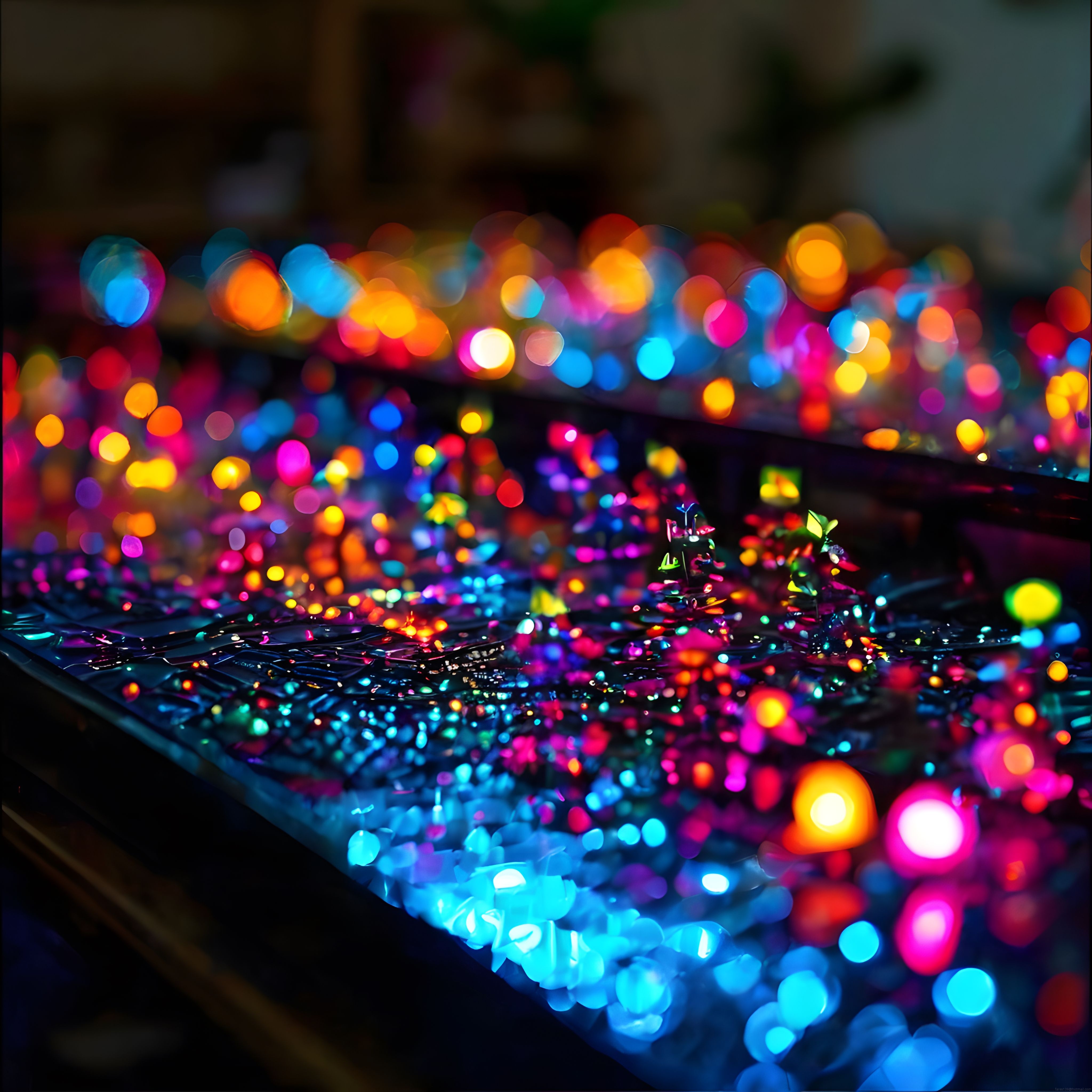 Gece kulübünde renkli neon ışıklarla aydınlanmış dj mikseri ve bokeh detayları