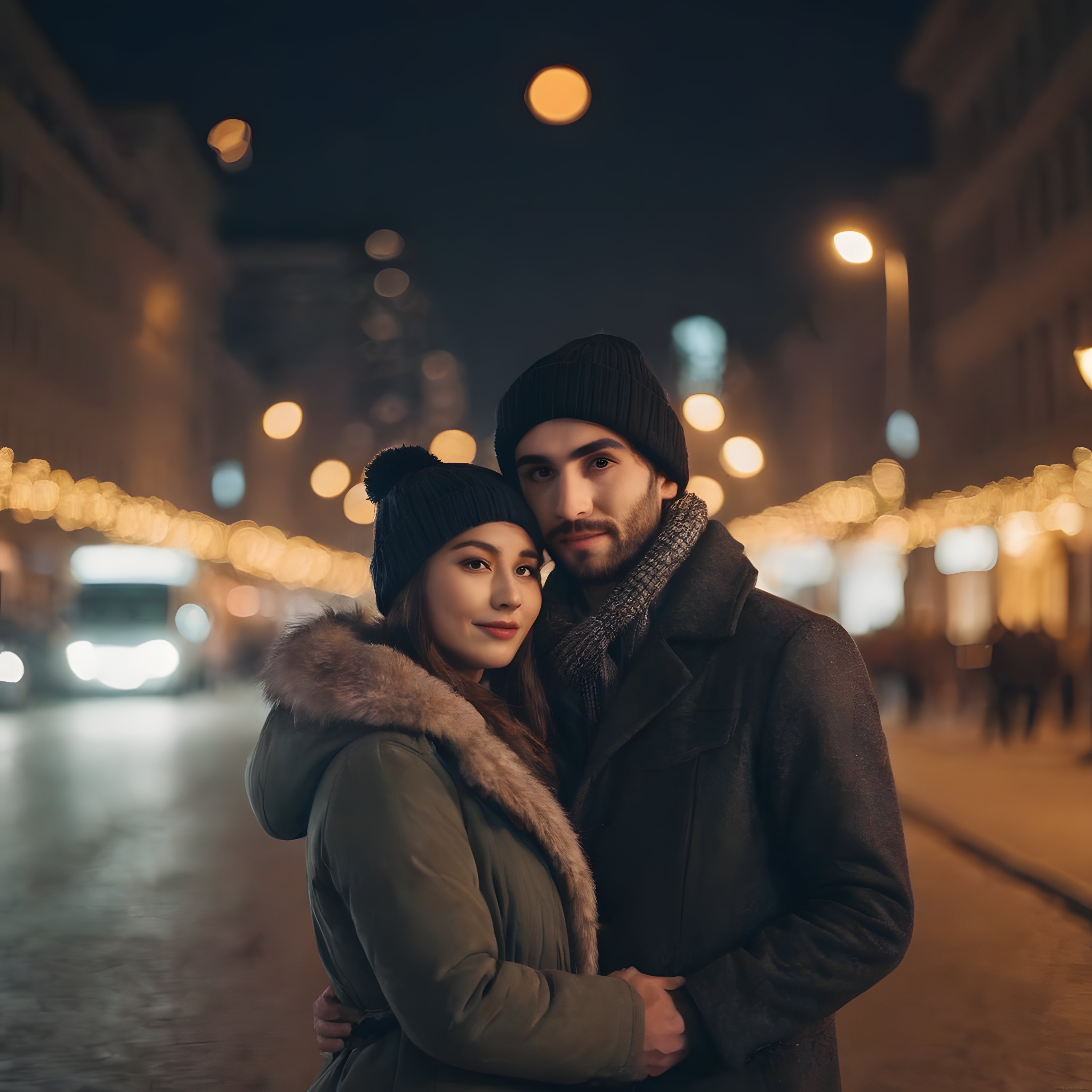 Gece Lambaları Altında Kış Kıyafetleriyle Romantik Çift Portresi Gece Lambaları Altında Kış Kıyafetleriyle Romantik Çift Portresi