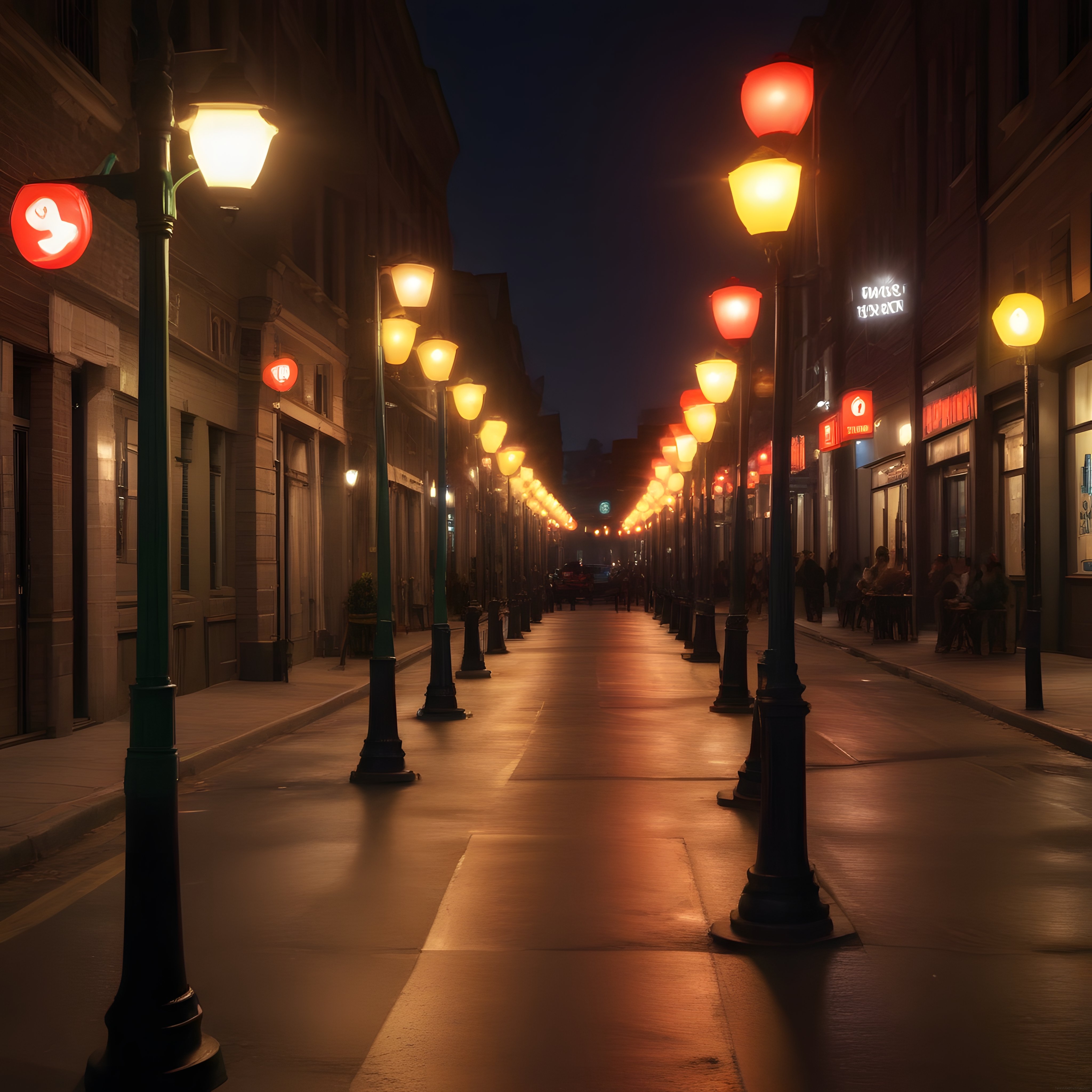 Gece Lambalarıyla Aydınlanan Nostaljik Şehir Sokağı ve Sessiz Atmosfer
