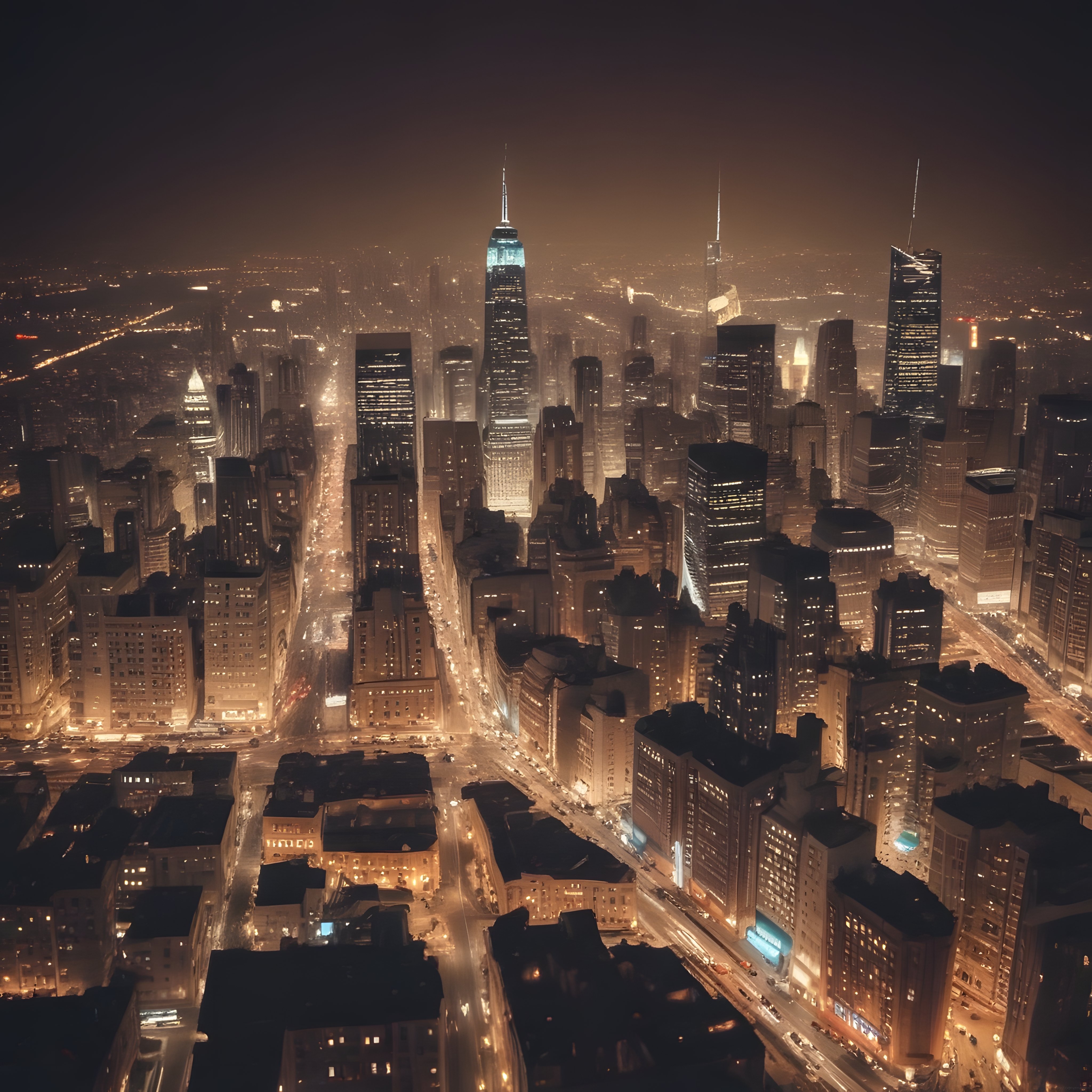 Gece Manhattan'da Parıldayan Gökdelenler ve New York Şehir Manzarası
