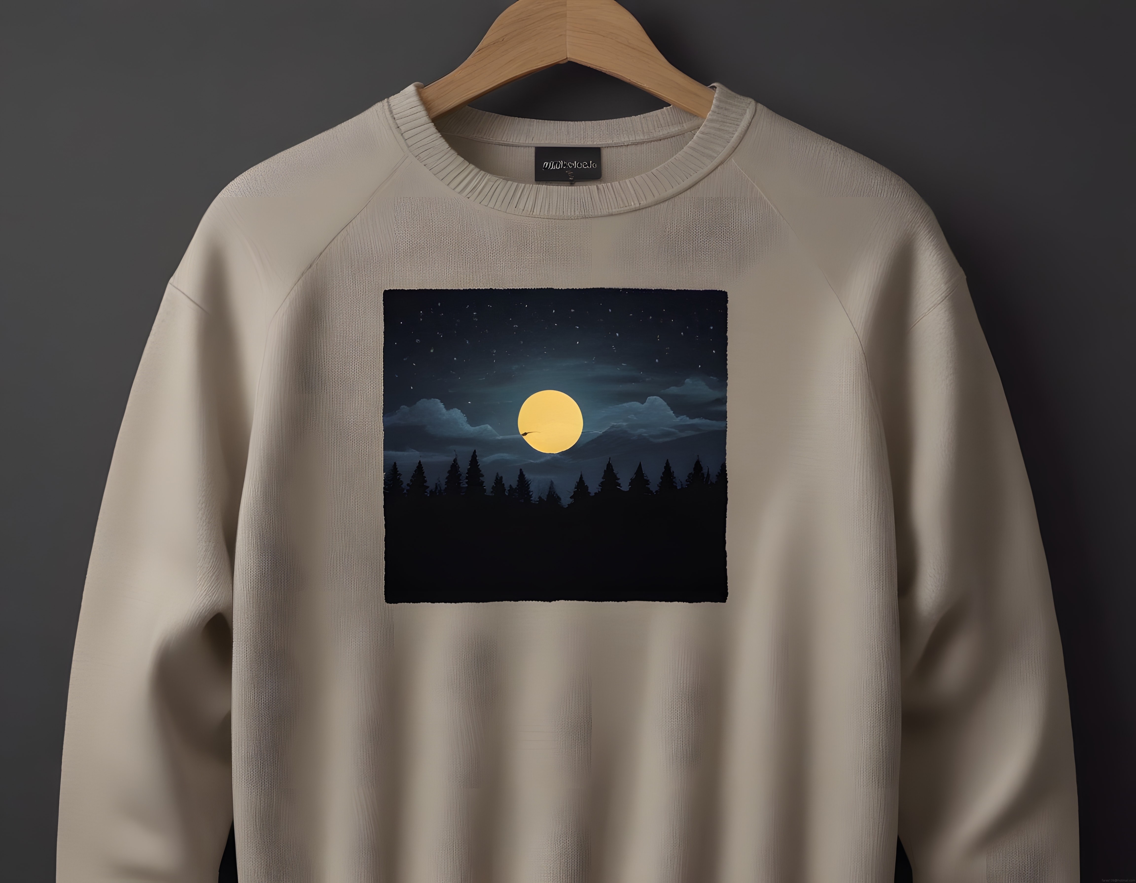 Gece Manzaralı Bej Sweatshirt: Ay ve Çam Ormanı Desenli Oversize Kazak
