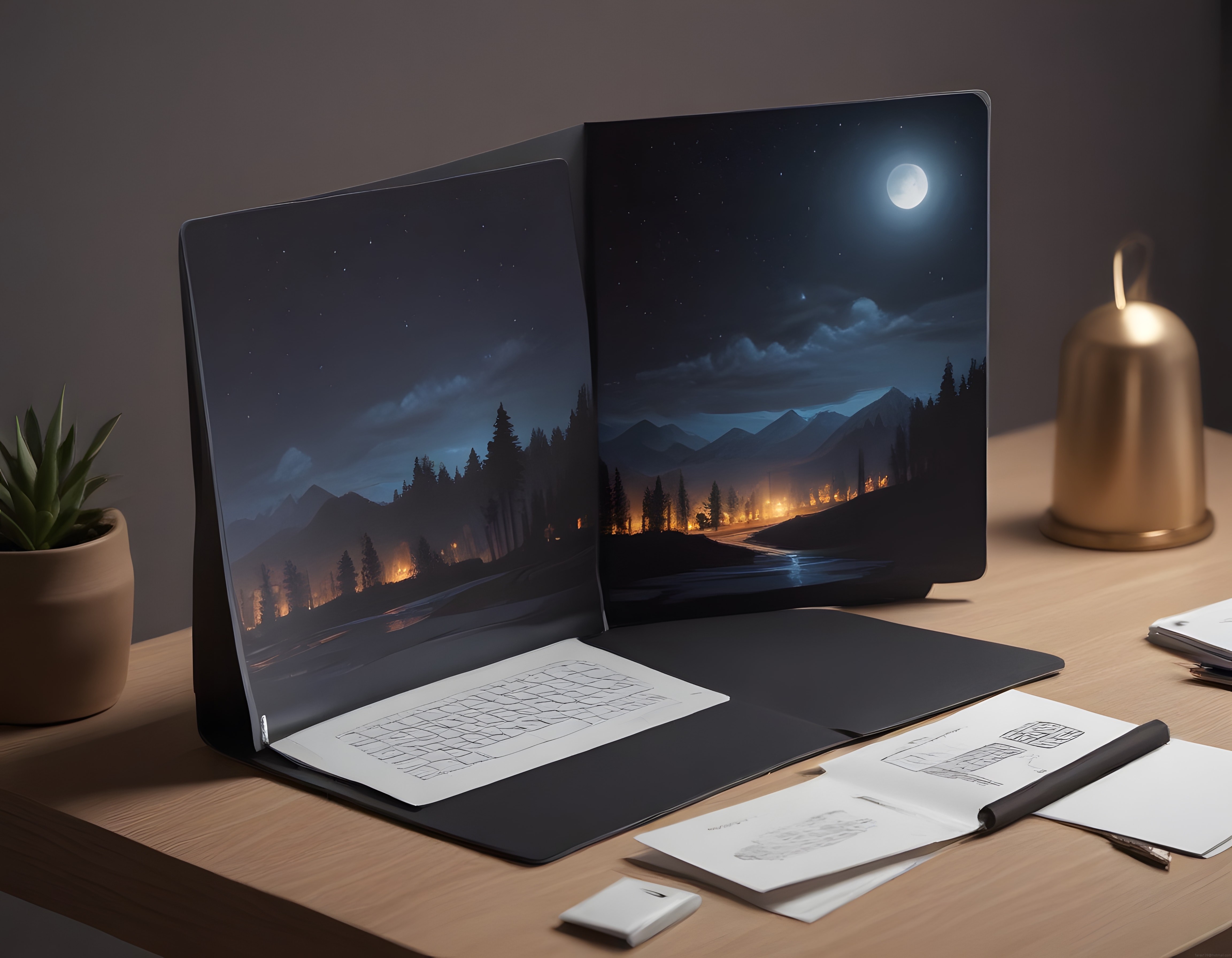 Gece manzaralı çift ekranlı laptop ve sıcak çalışma masası atmosferi