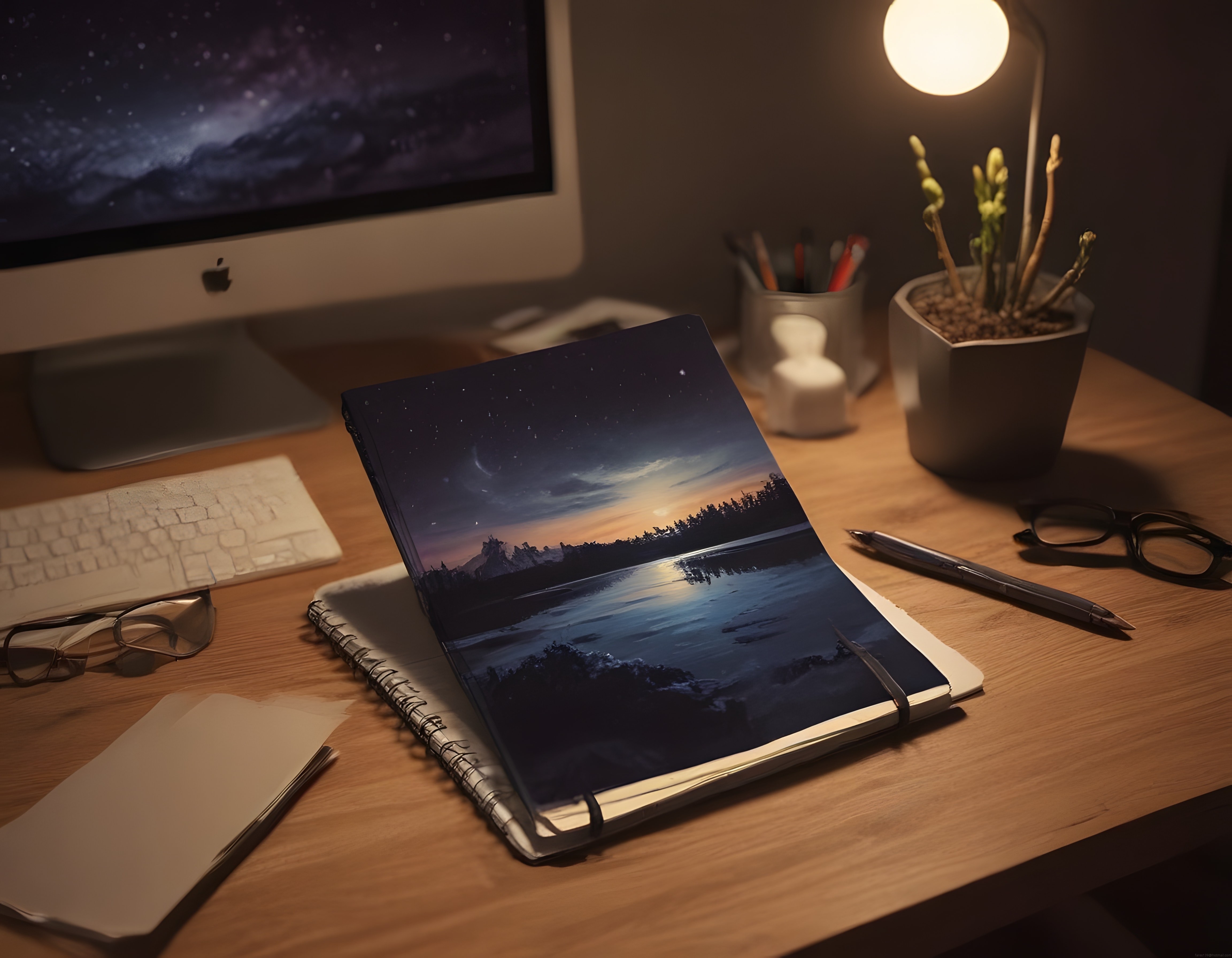 Gece Manzaralı Dijital Defter ile Huzurlu ve Yaratıcı Bir Çalışma Köşesi