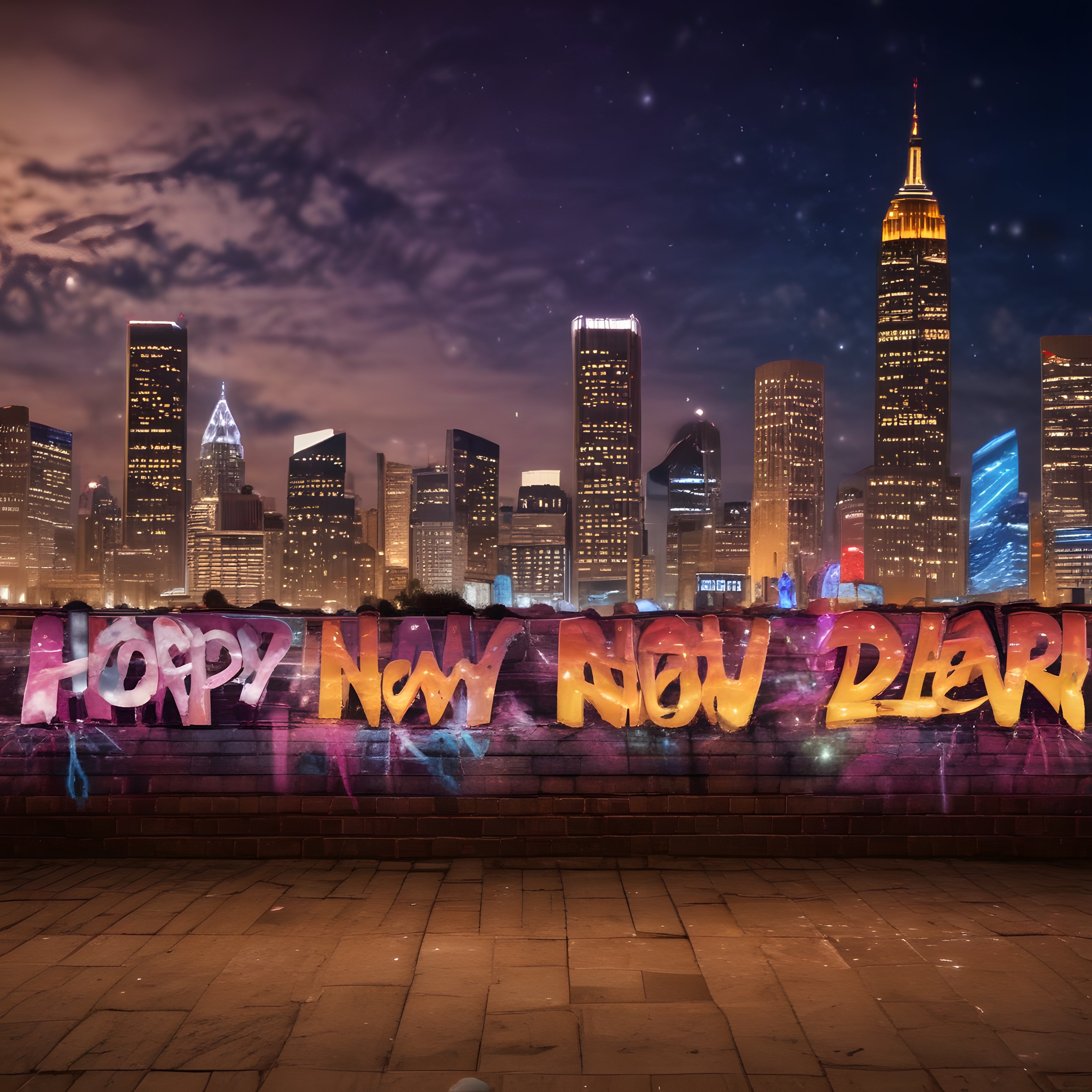 Gece Manzaralı Gökdelenler Önünde Happy New Year Grafitili Kutlama Duvarı