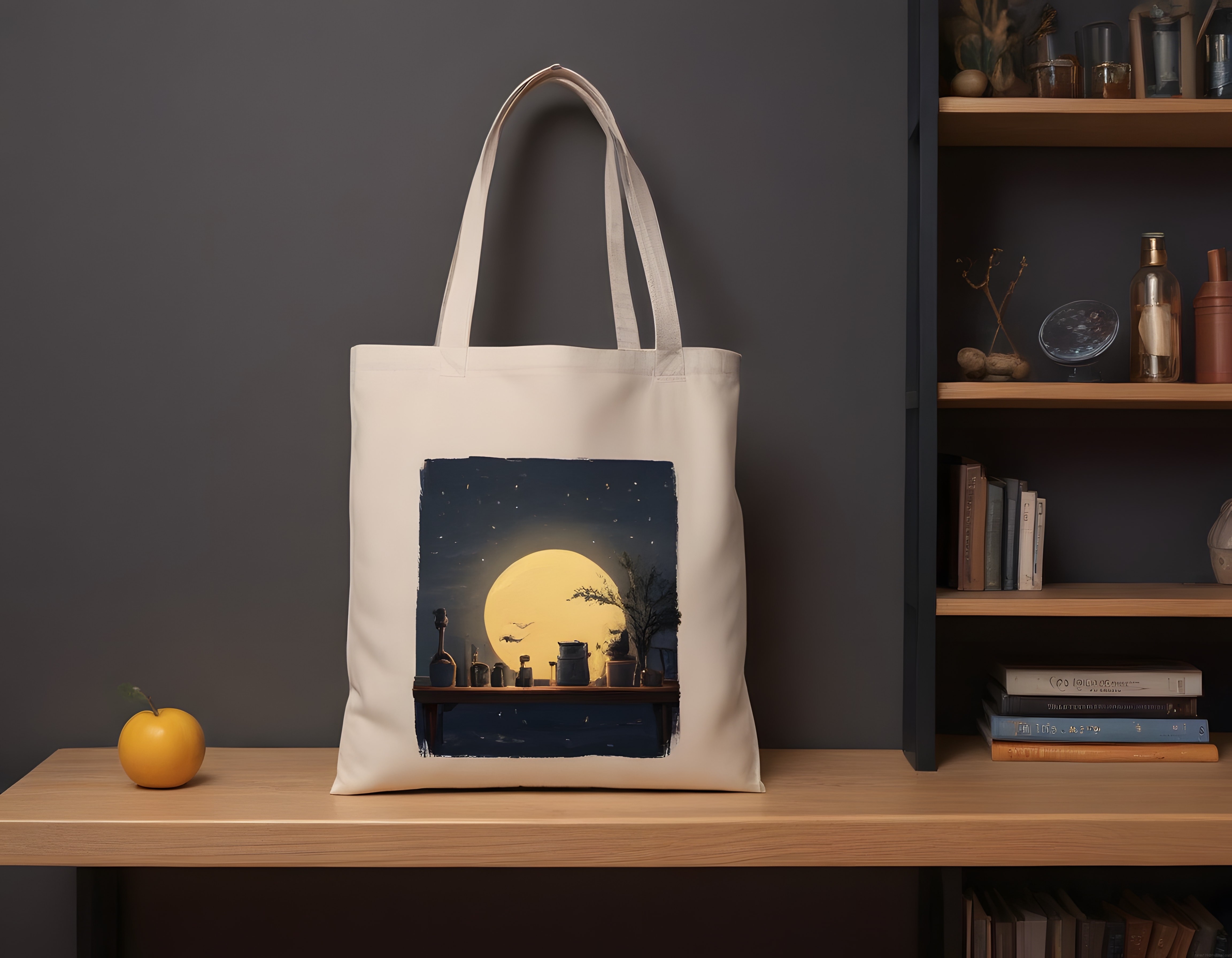 Gece Manzaralı Keten Çanta ve Ahşap Kitaplıkla Minimalist Ürün Fotoğrafı