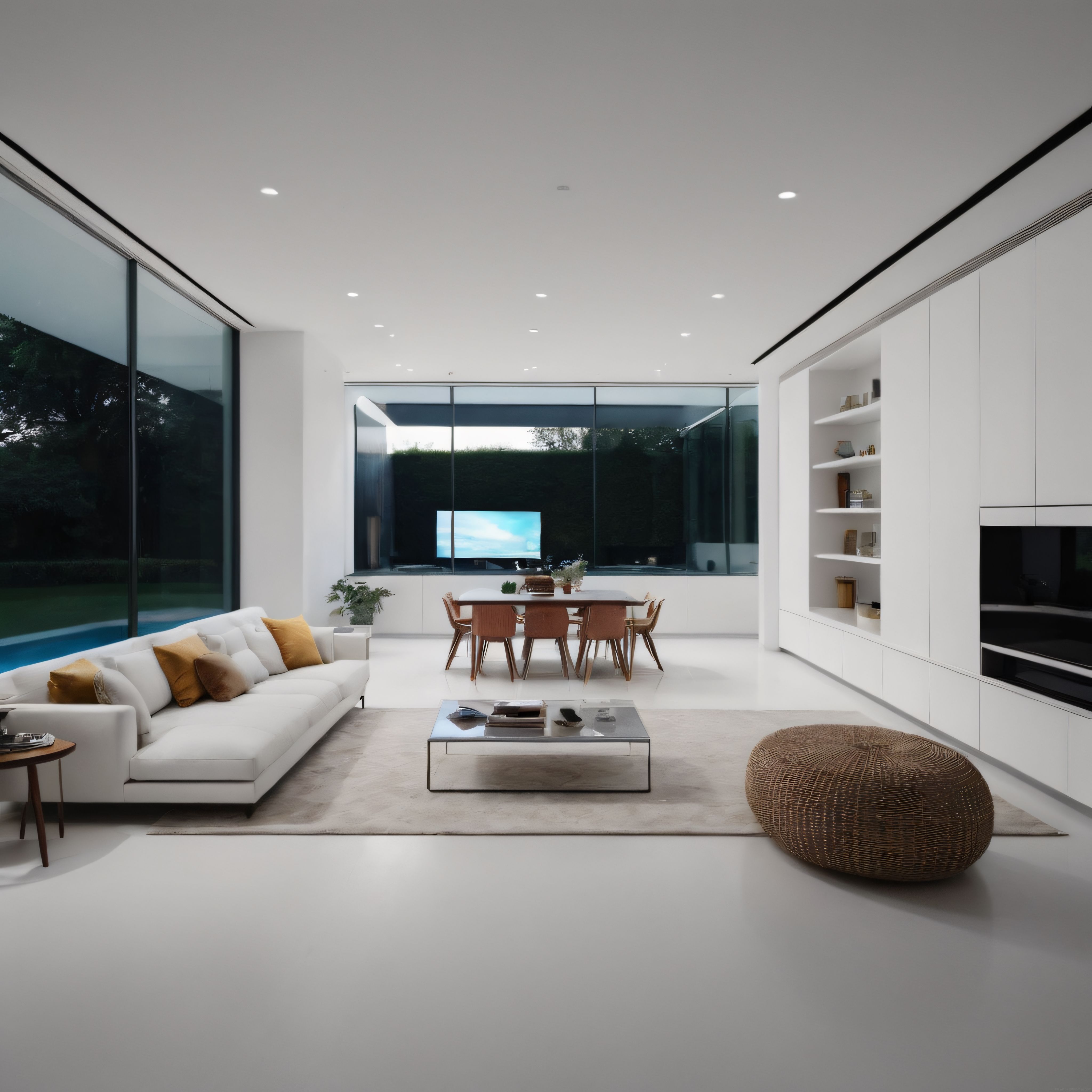 Gece Manzaralı Lüks Modern Minimalist Villa Oturma Odası ve Yemek Alanı Tasarımı