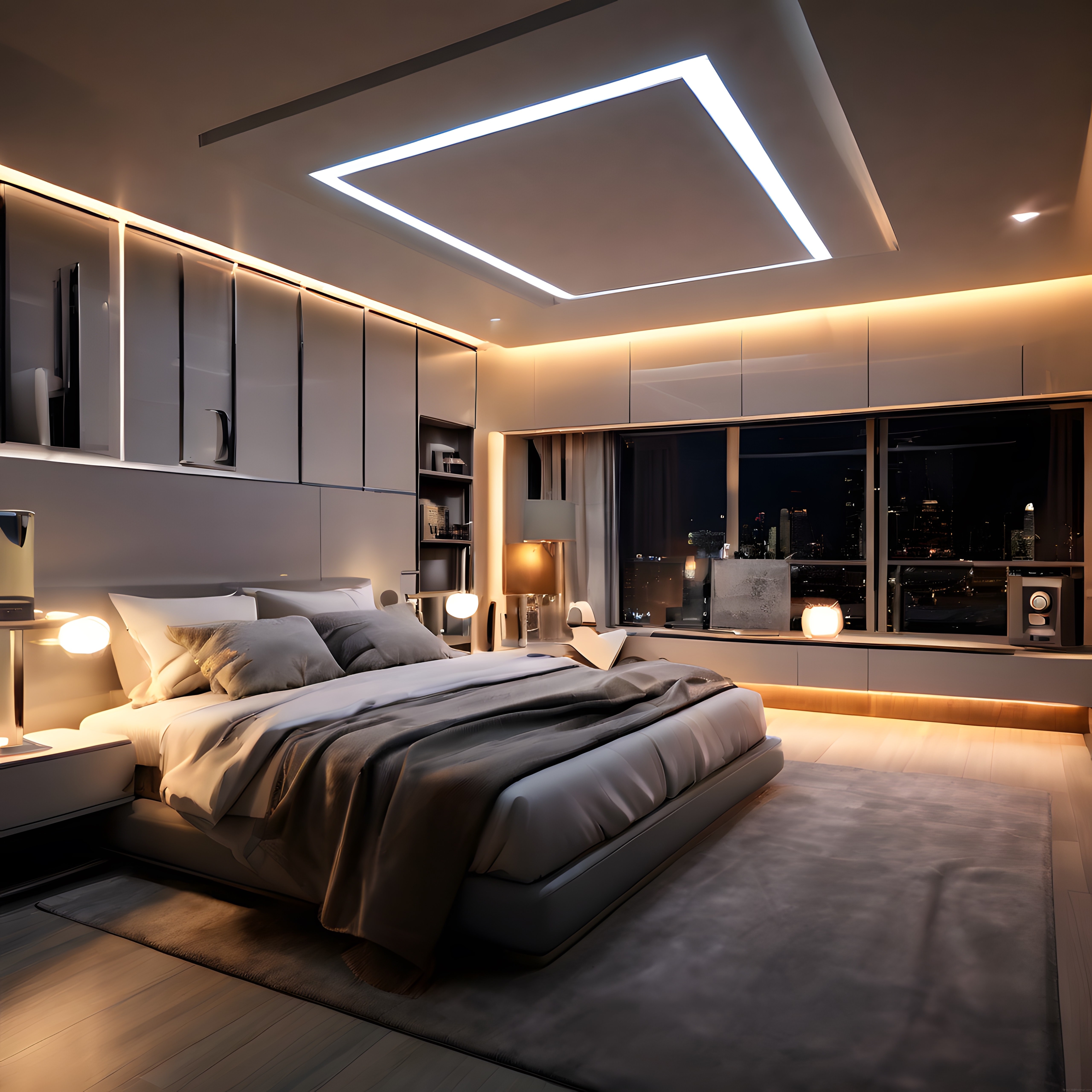 Gece Manzaralı Lüks Modern Yatak Odası İç Mimari ve LED Aydınlatma