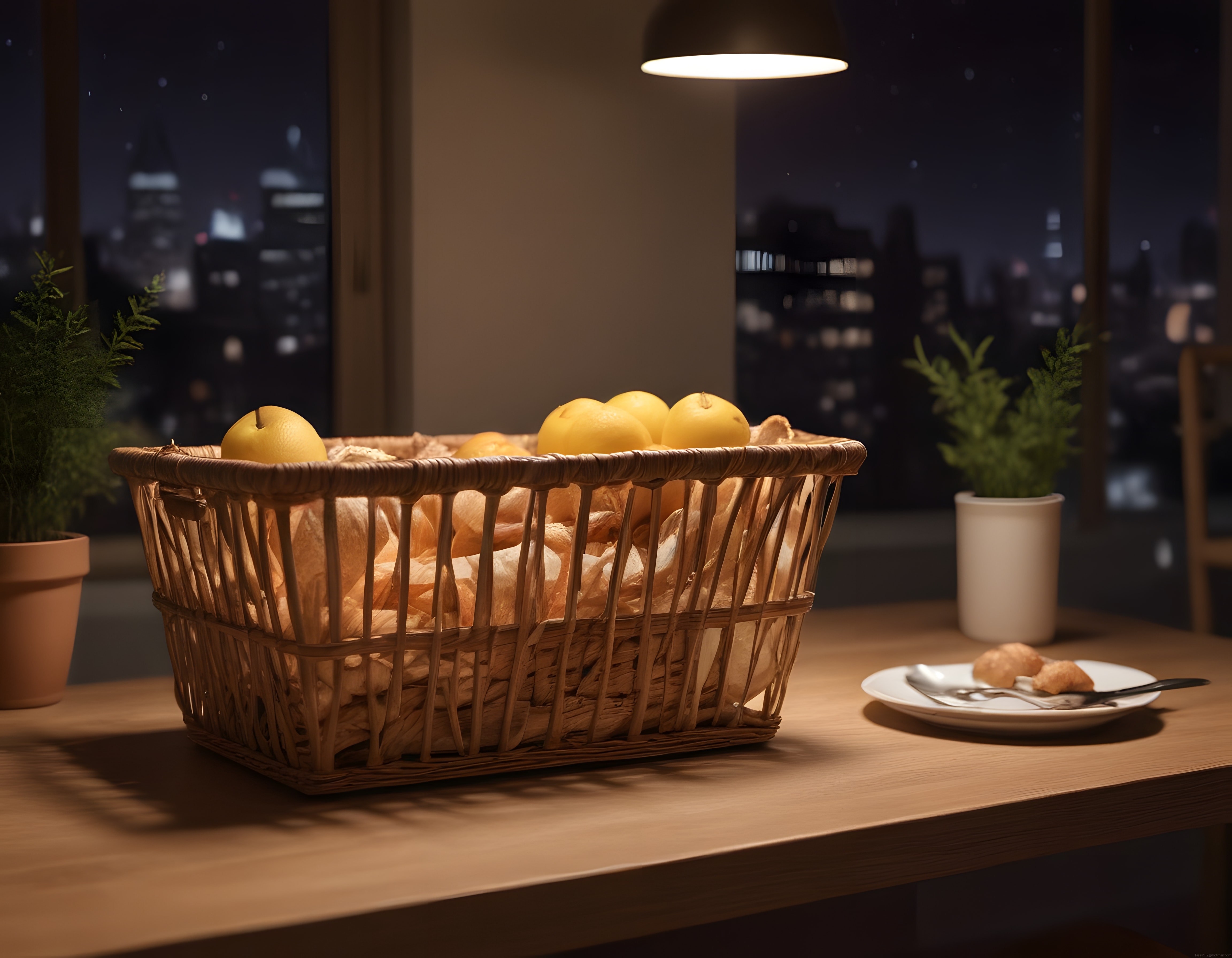 Gece Manzaralı Modern Mutfakta Rustik Ekmek Sepeti ve Sarı Meyveler