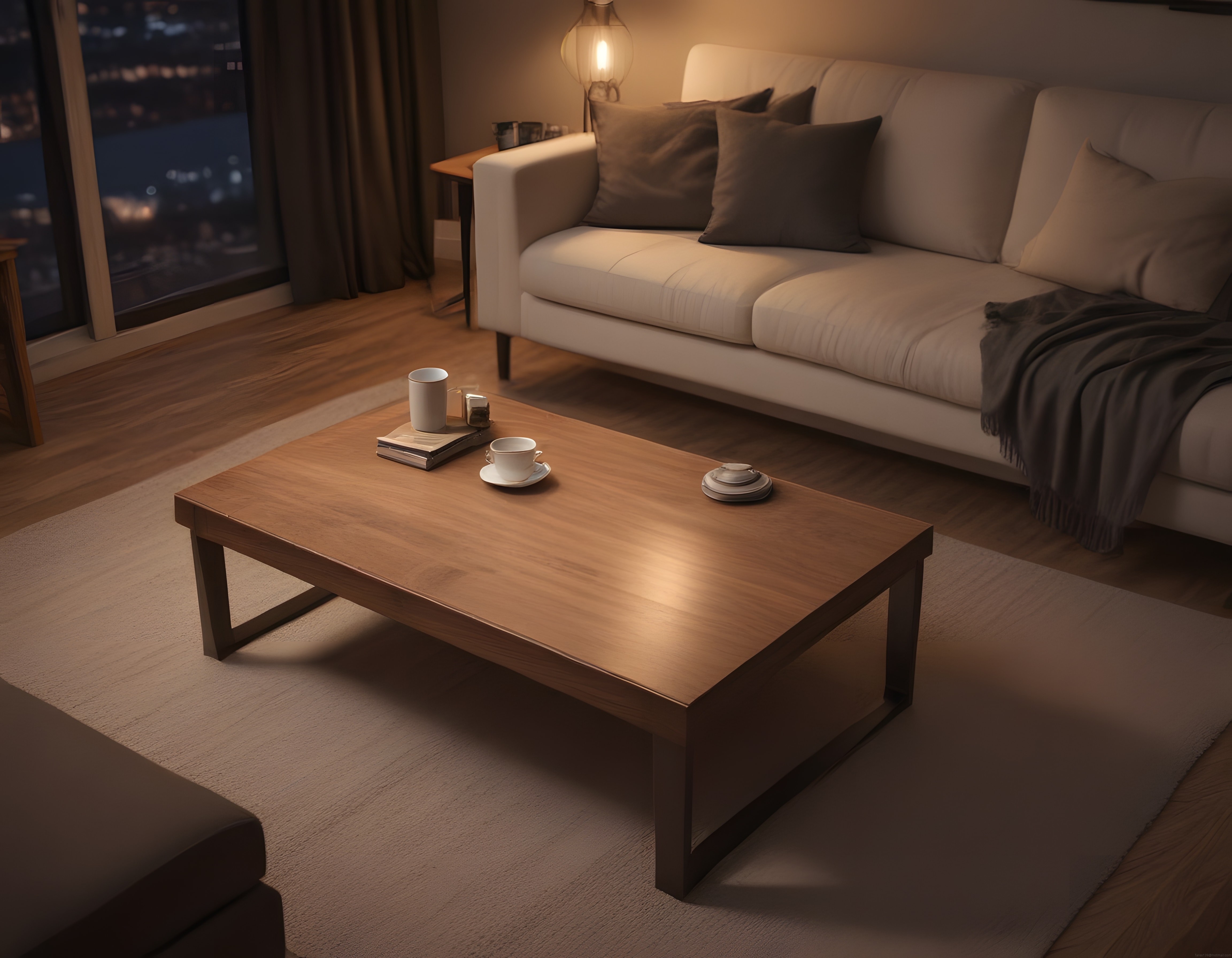 Gece Manzaralı Modern Salon Dekorasyonu ve Sıcak Işıklı İç Mekan Atmosferi