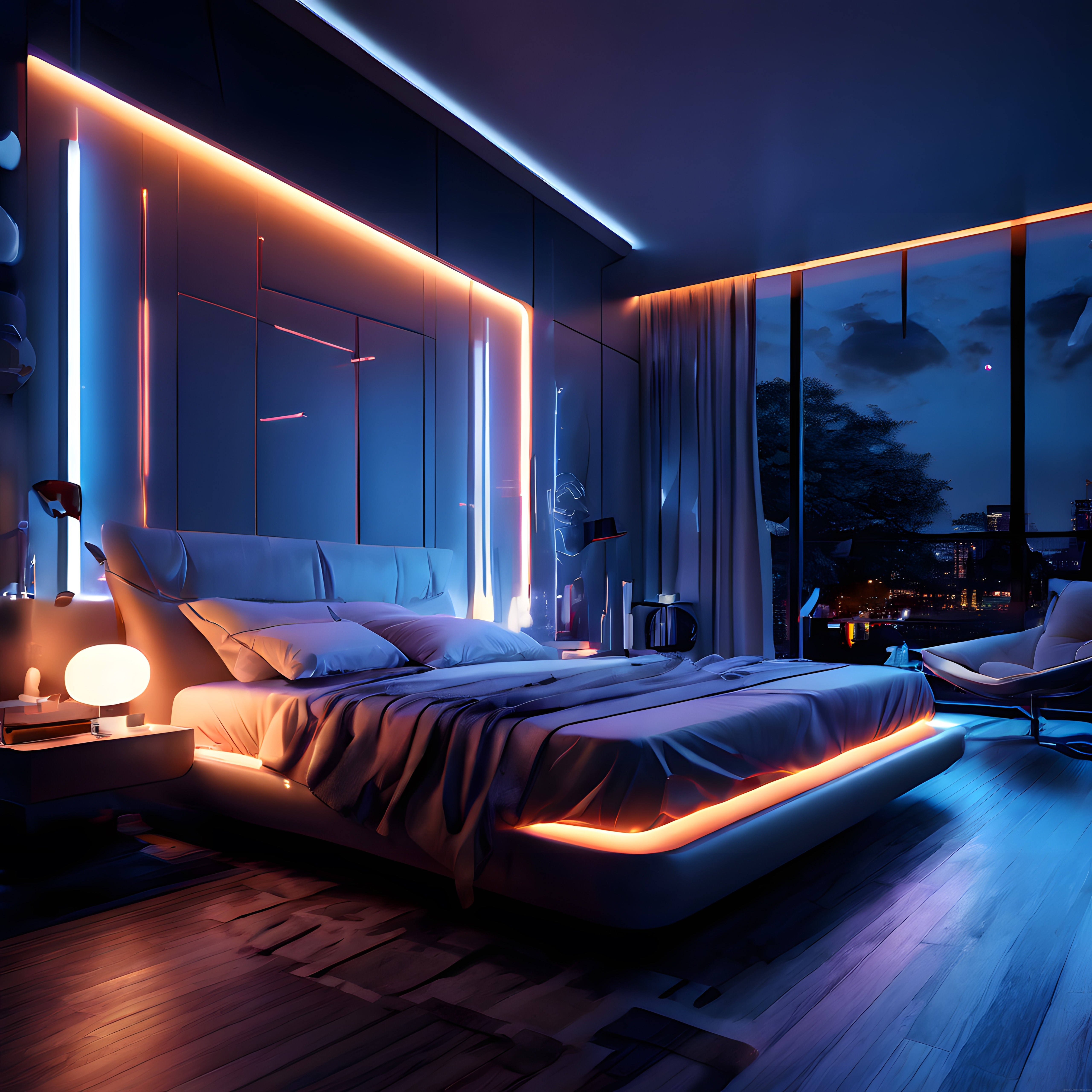 Gece Manzaralı Neon Aydınlatmalı Modern Yatak Odası Tasarımı