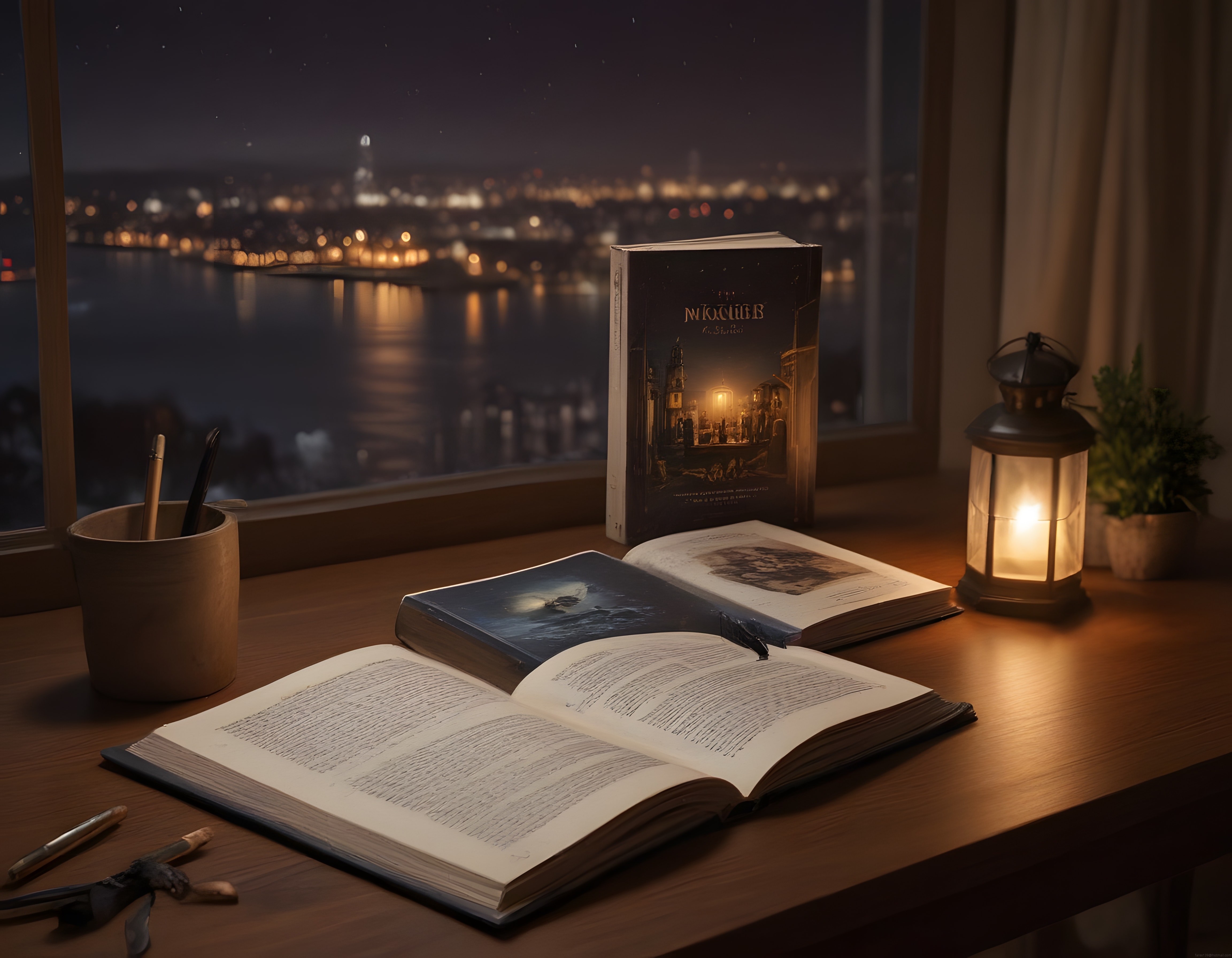 Gece Manzaralı Pencere Önünde Huzurlu Kitap Okuma Köşesi ve Sıcak Işıklar