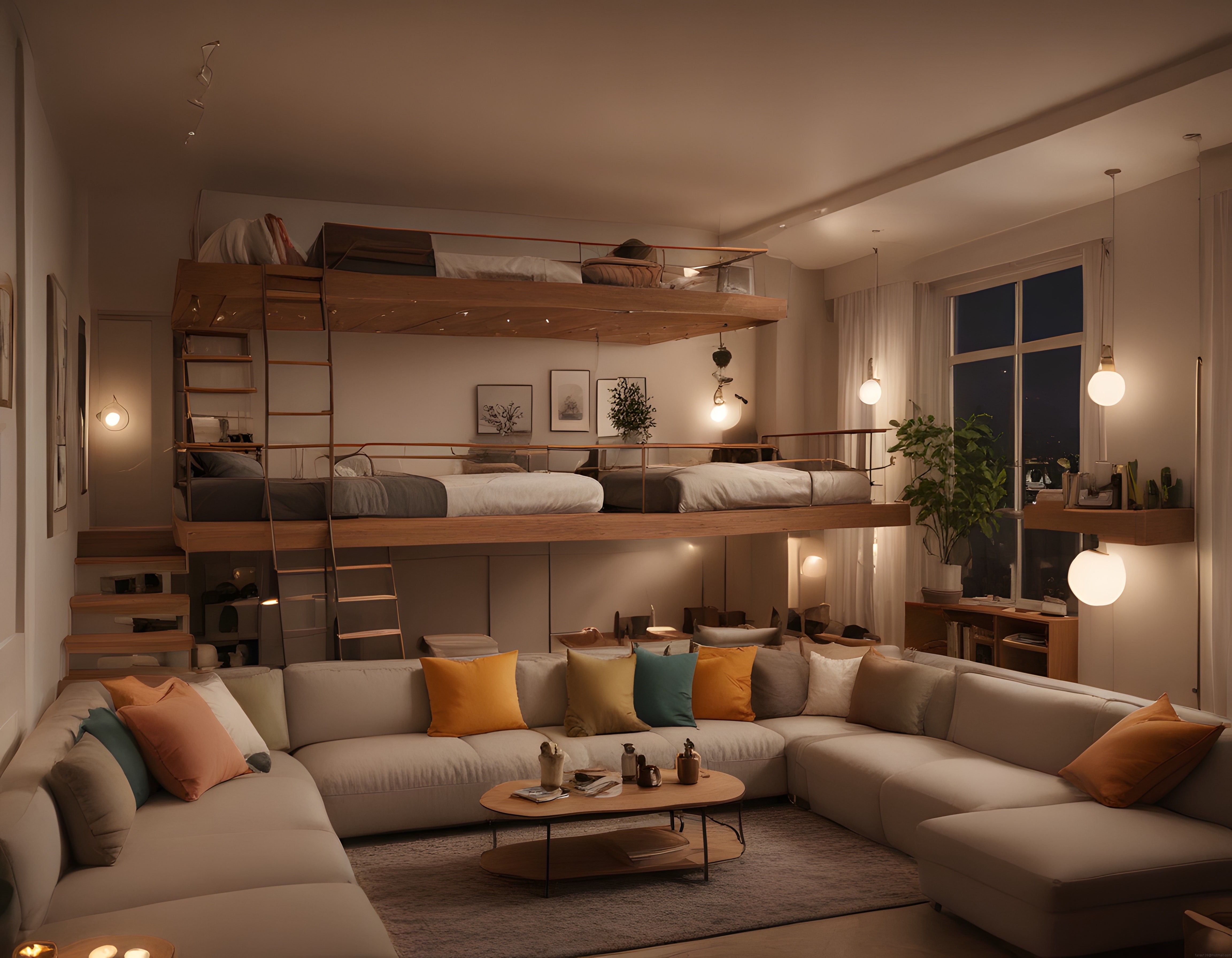 Gece Manzaralı Sıcak Aydınlatmalı ve Ahşap Detaylı Modern Loft Ev Dekorasyonu