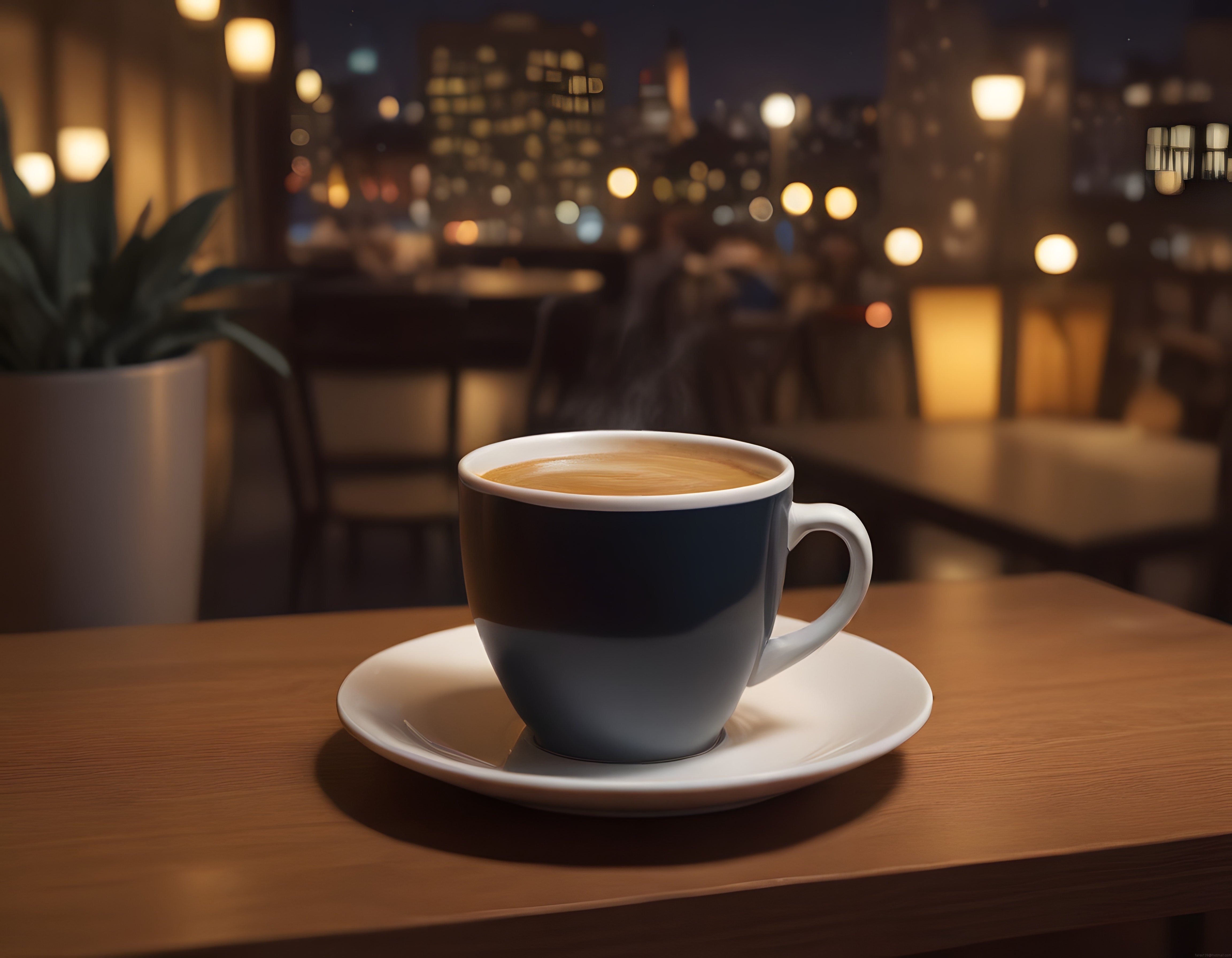Gece Manzaralı Sıcak Bir Kafe Köşesinde Buhar Tüten Taze Kahve Fincanı