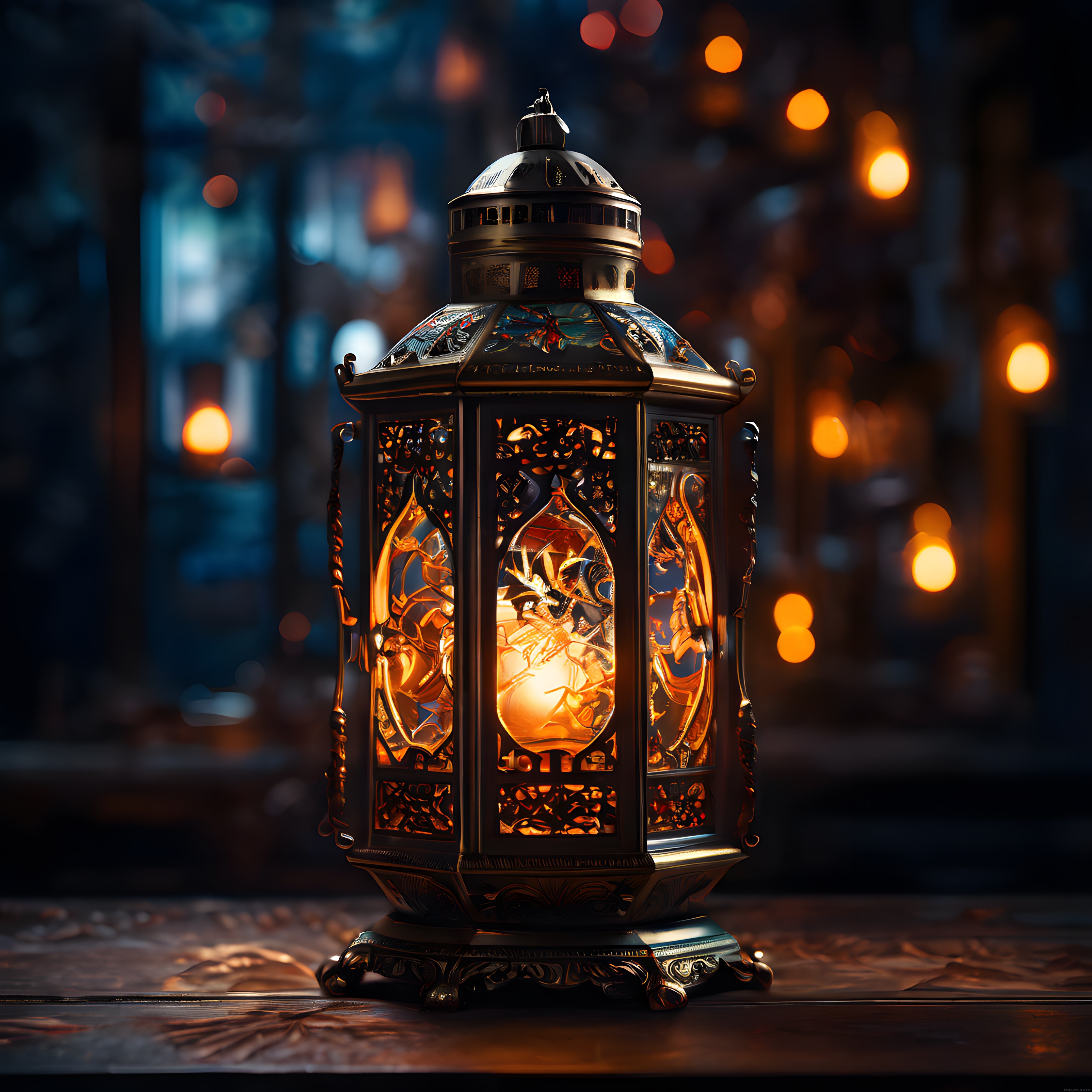 Gece Mavisi ve Bokeh Işıklar Arasında Parlayan Antik Metal Fener