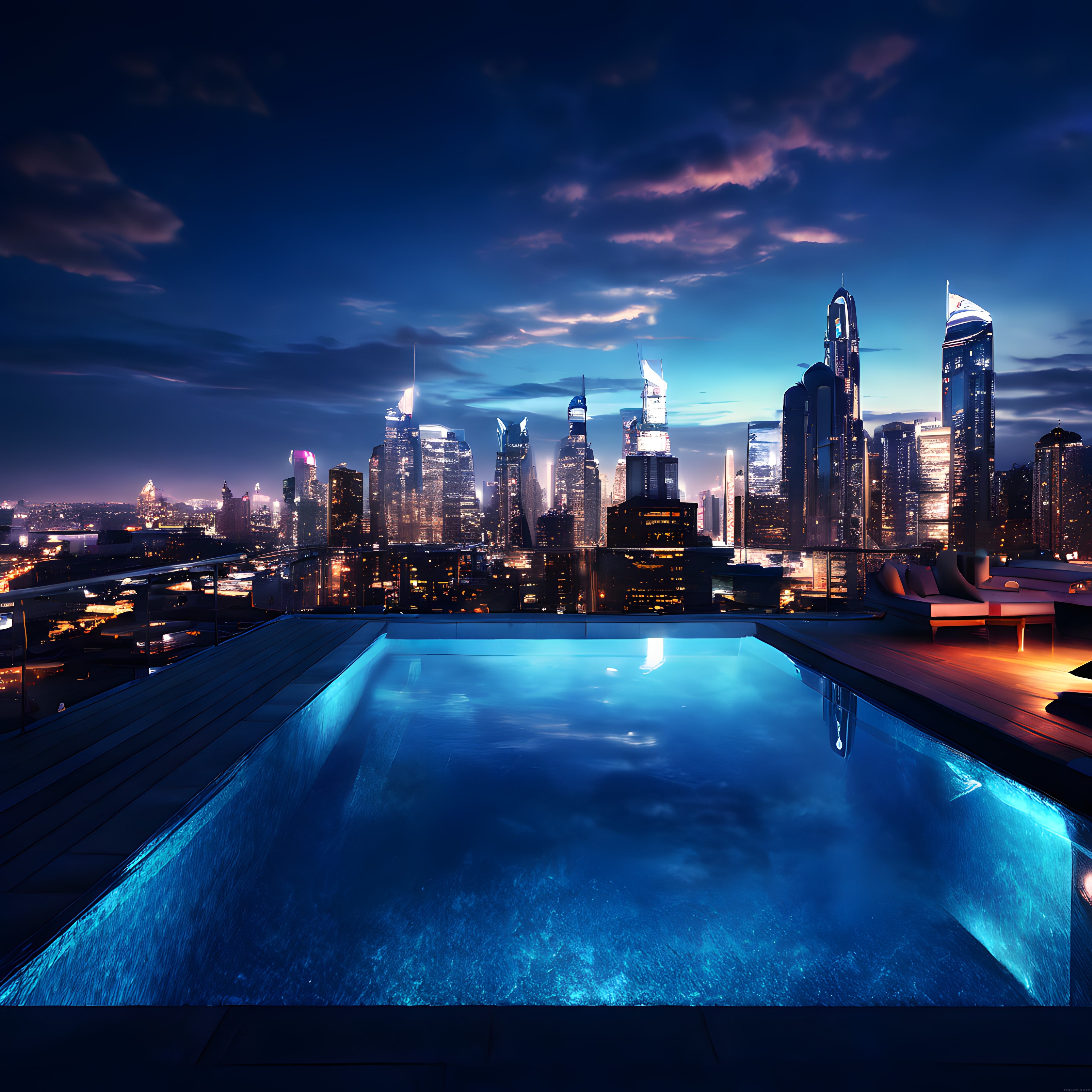 Gece Mavisiyle Parıldayan Rooftop Havuz ve Işıklı Şehir Silueti Manzarası