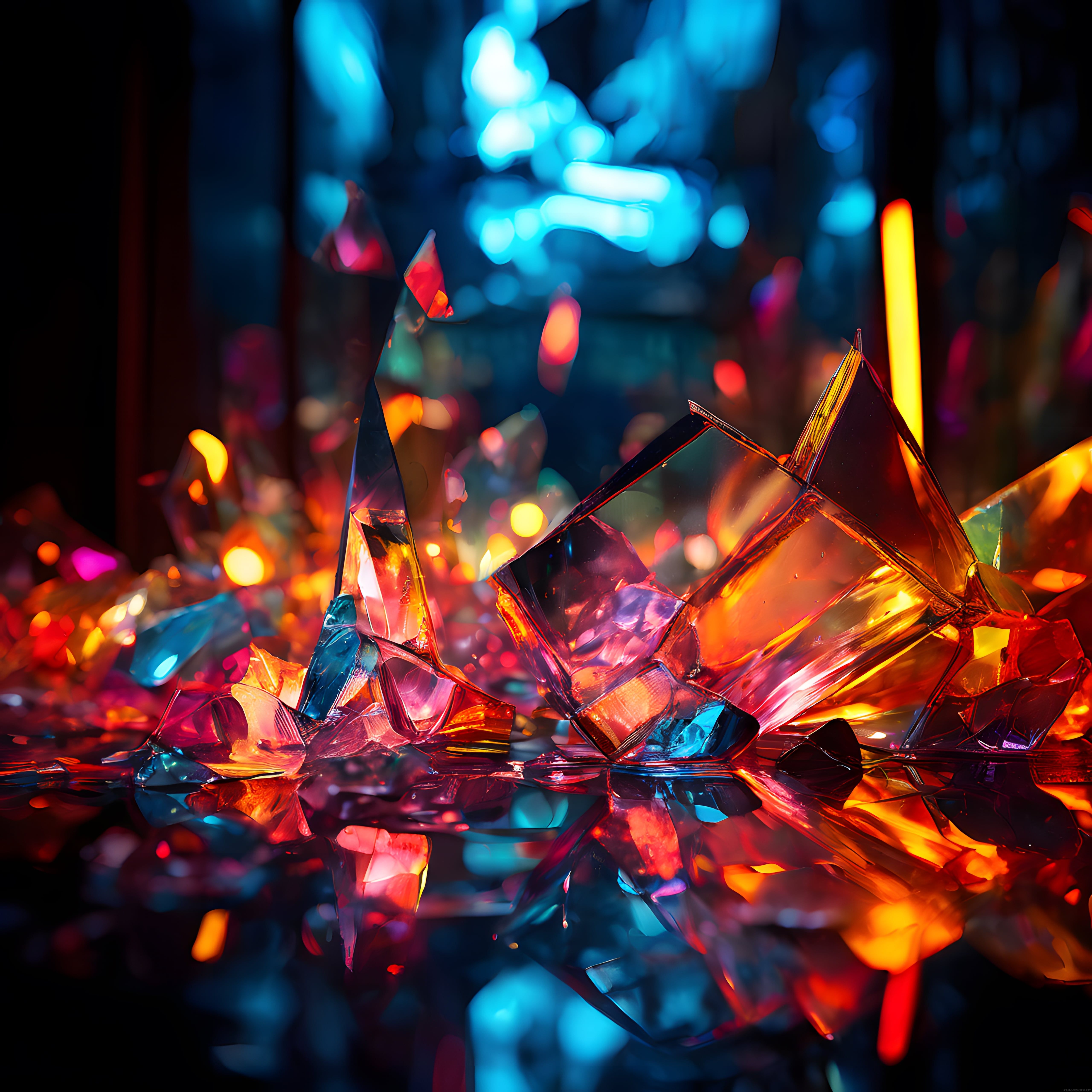 Gece Neonlarında Parıldayan Kırık Cam Parçalarının Soyut Dijital Sanatı