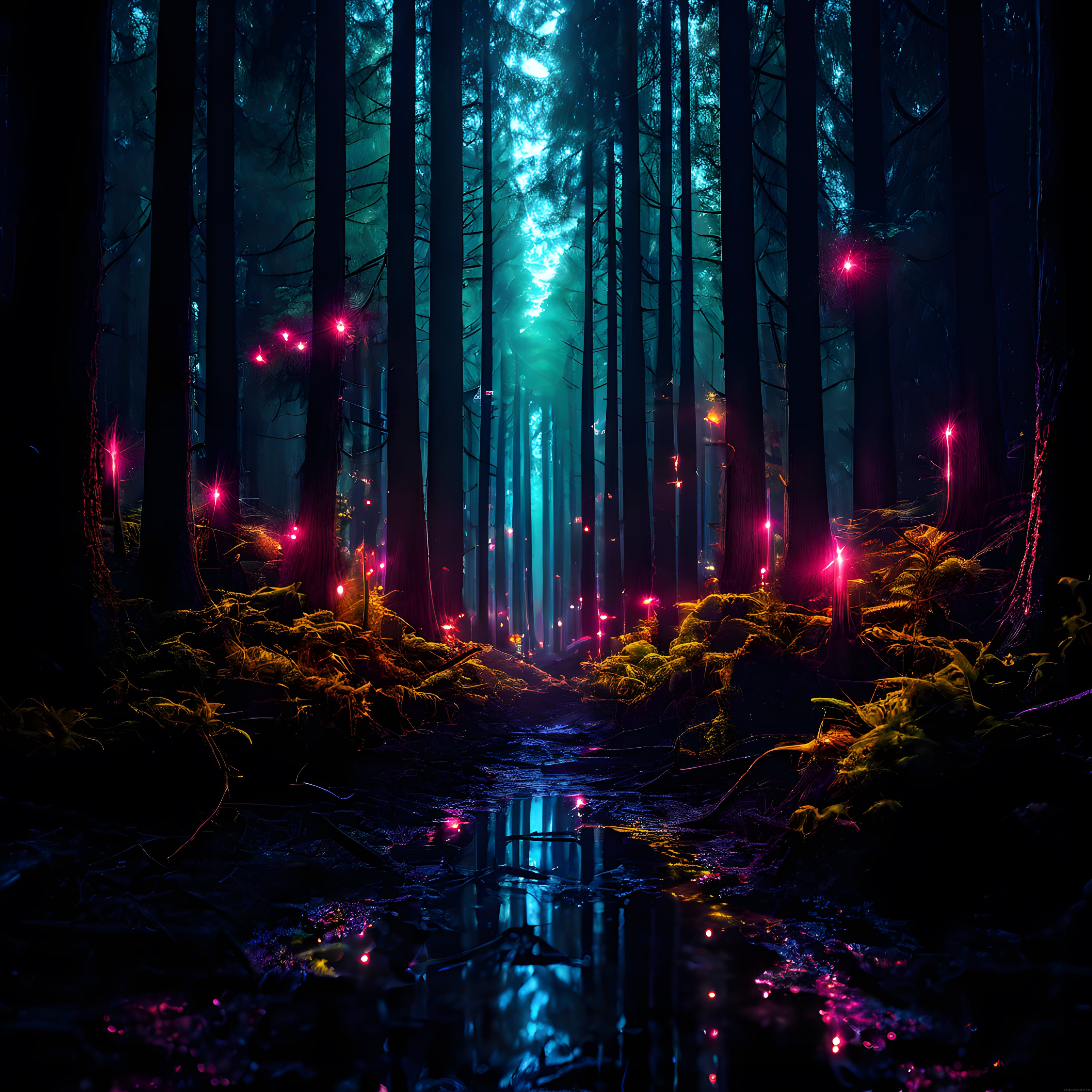 Gece ormanında neon ışıkların gizemli dansı ve sulara yansıyan renkler