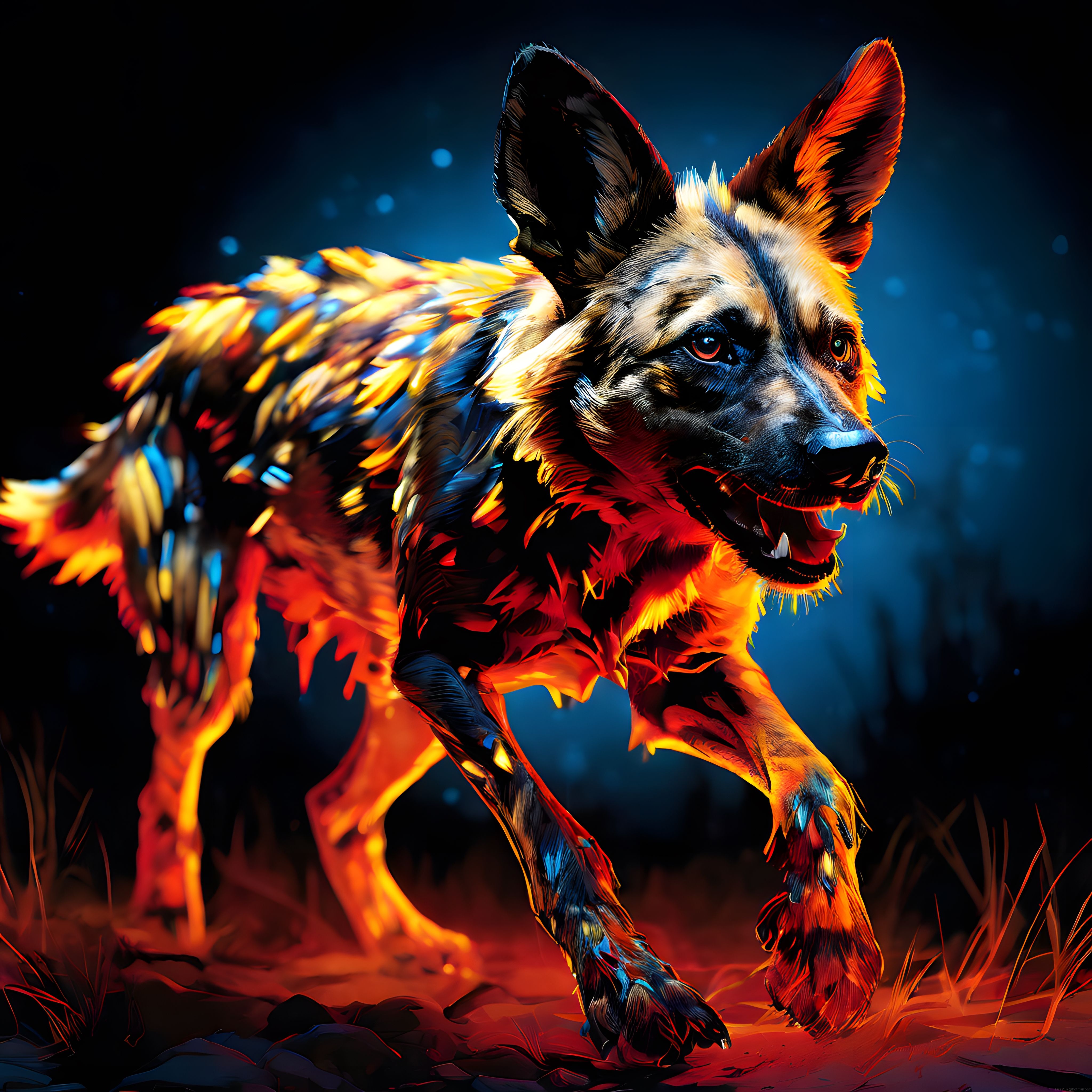 Gece Ormanında Neon Işıklarla Aydınlanan Afrikalı Vahşi Köpek Dijital Sanat