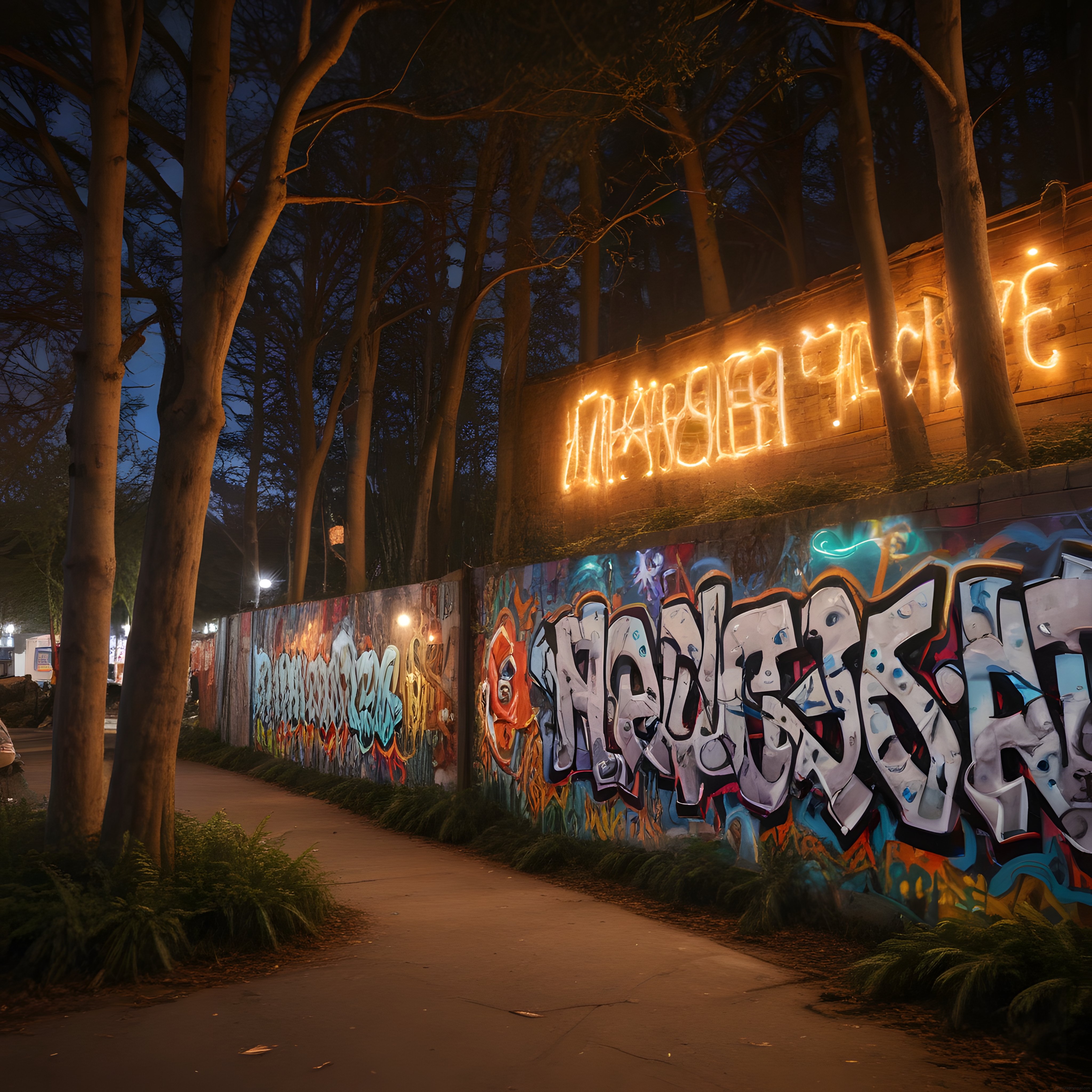 Gece Ormanında Neon Işıklı Imagine Tabelası ve Renkli Graffiti Duvarı
