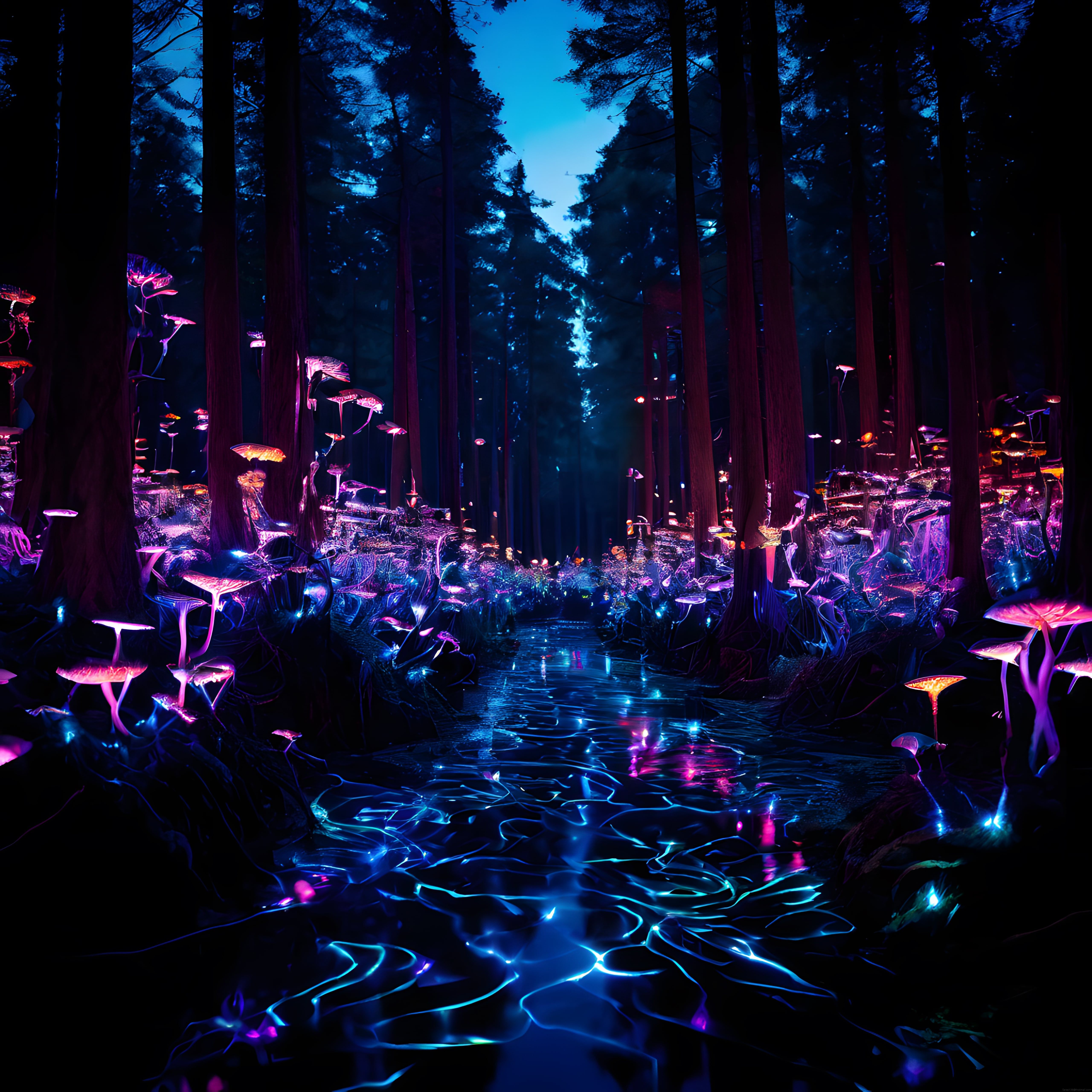 Gece ormanında neon renklerle parlayan mantarlar ve ışıklı bir dere