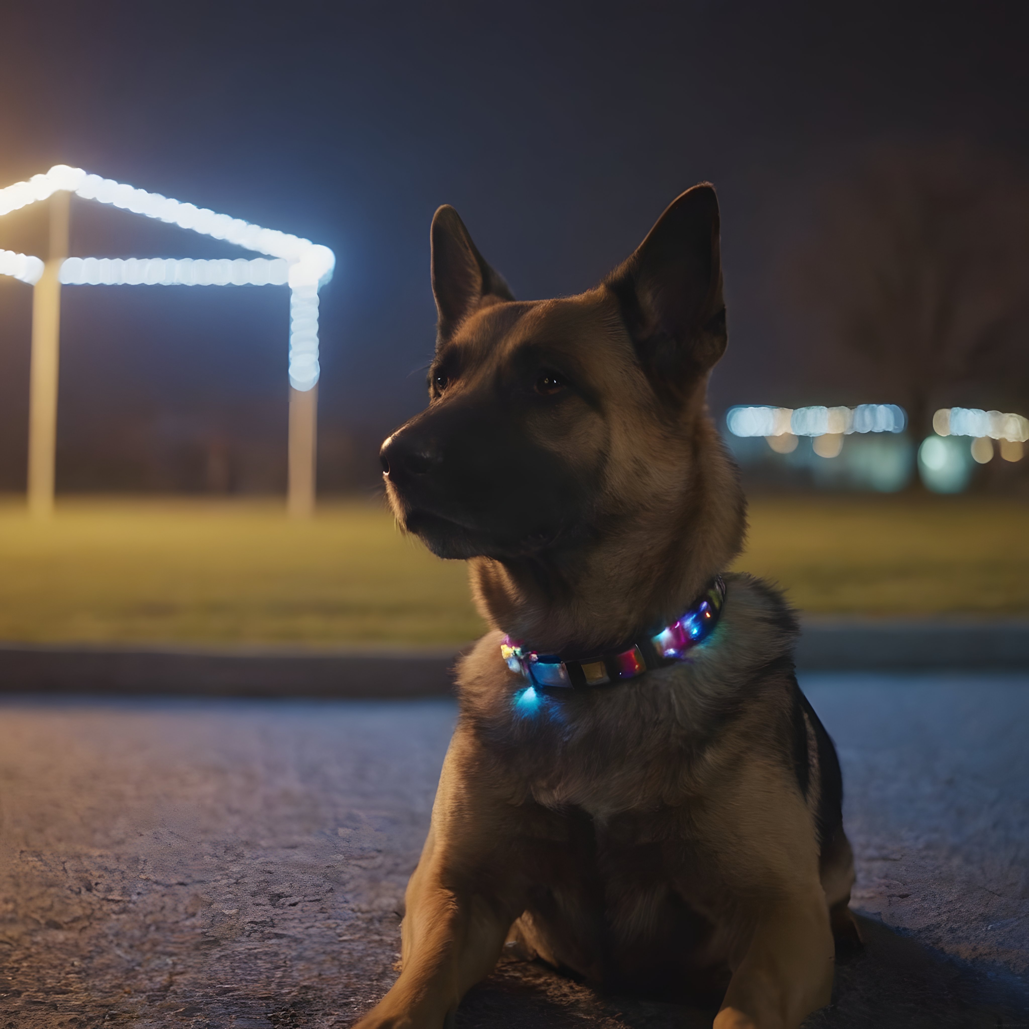 Gece Parkında LED Tasmalı Alman Kurdu ve Bokeh Işık Efektleri
