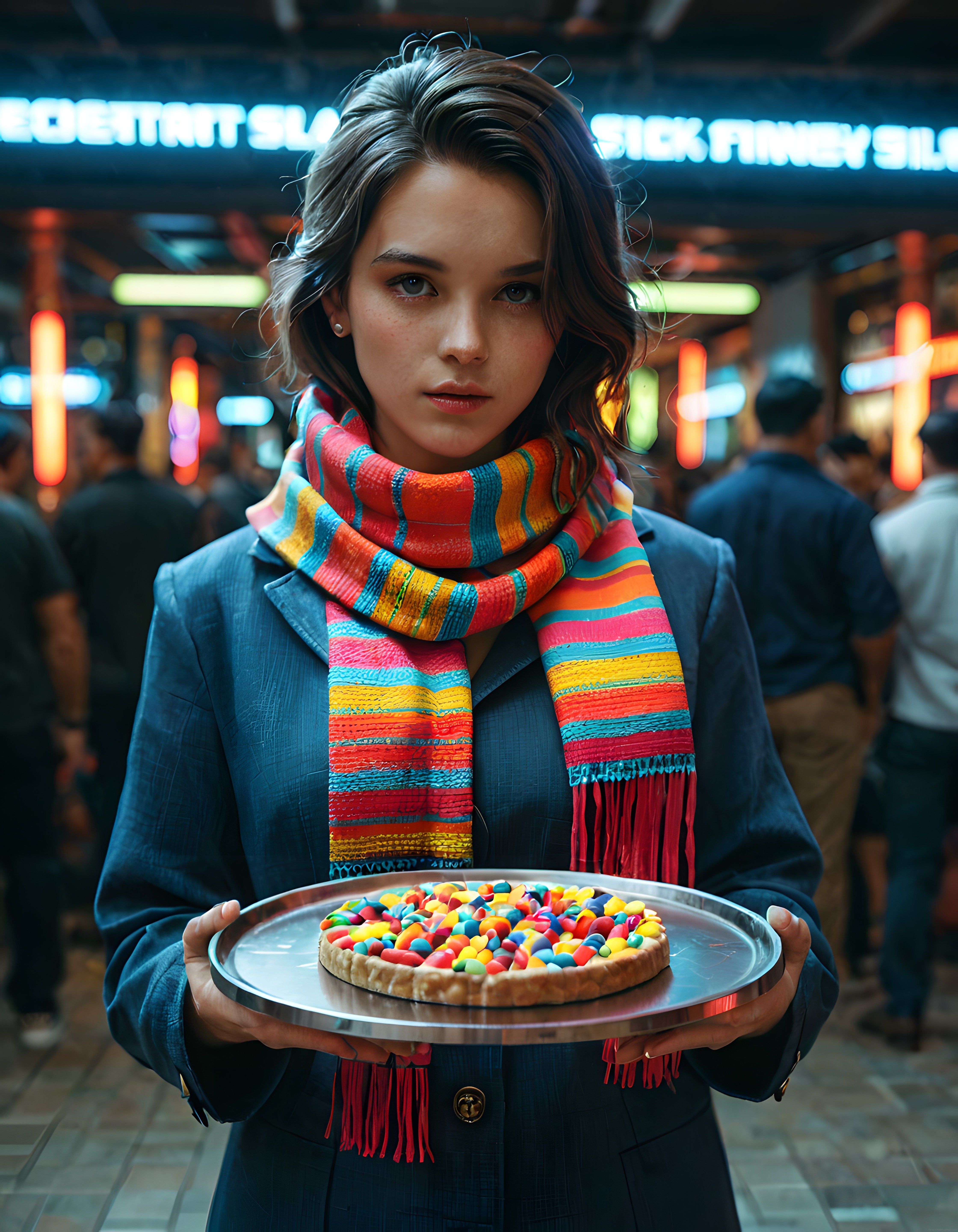 Gece Pazarının Neonunda Renkli Atkılı Genç Kadın ve Şekerli Tart