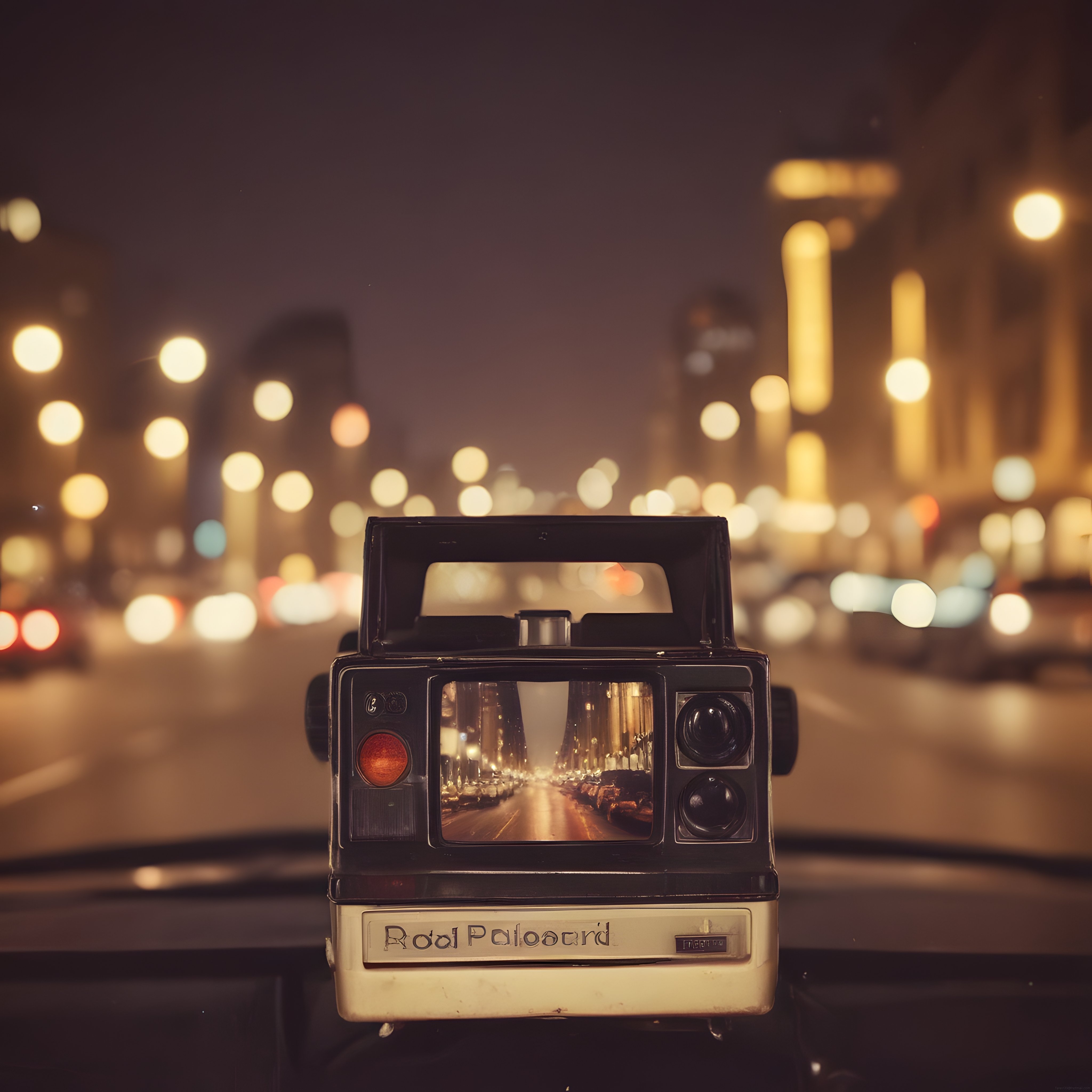 Gece şehir ışıkları önünde duran vintage Polaroid fotoğraf makinesi yansıması