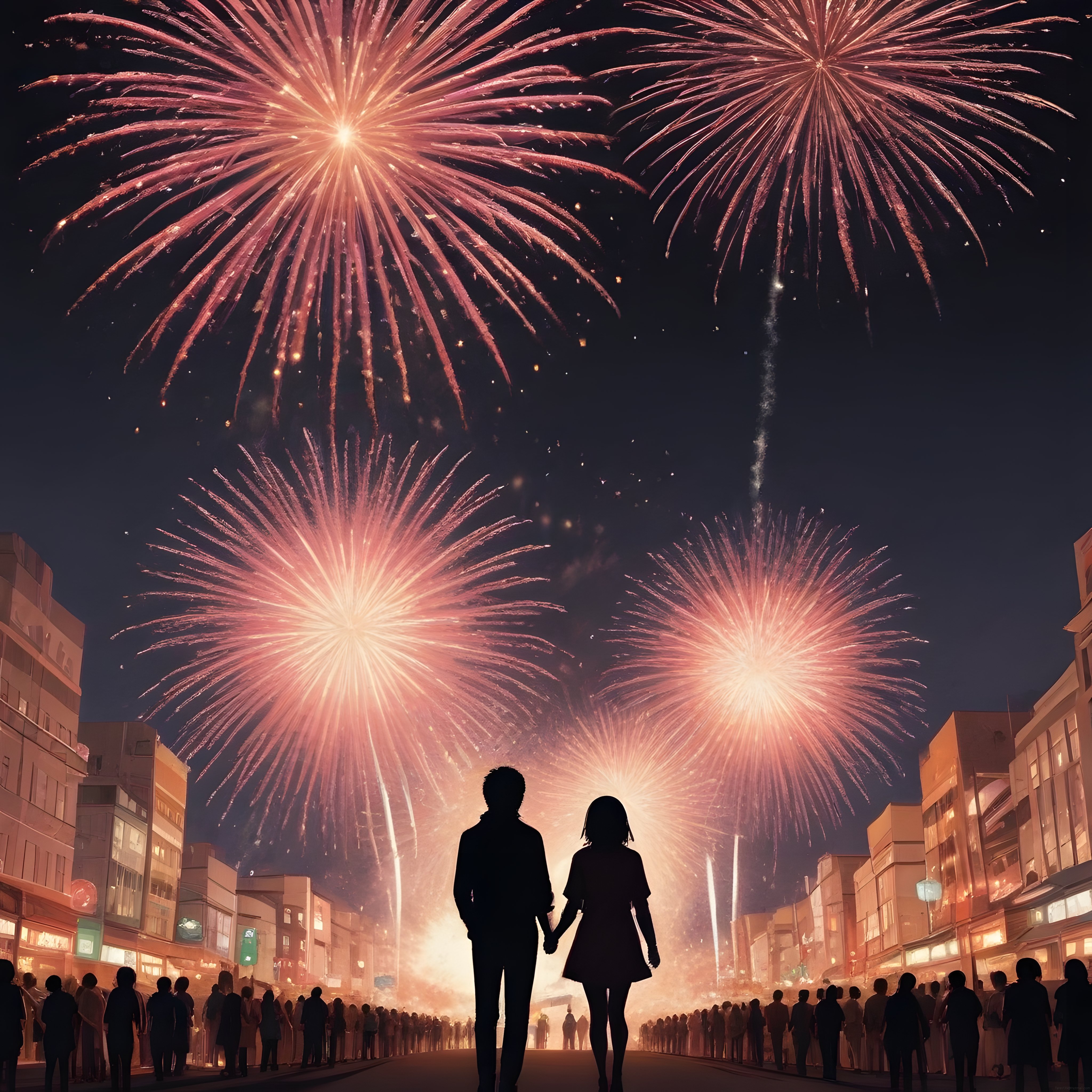 Gece Şehrinde Havai Fişek Festivali Altında Romantik Çift Silueti