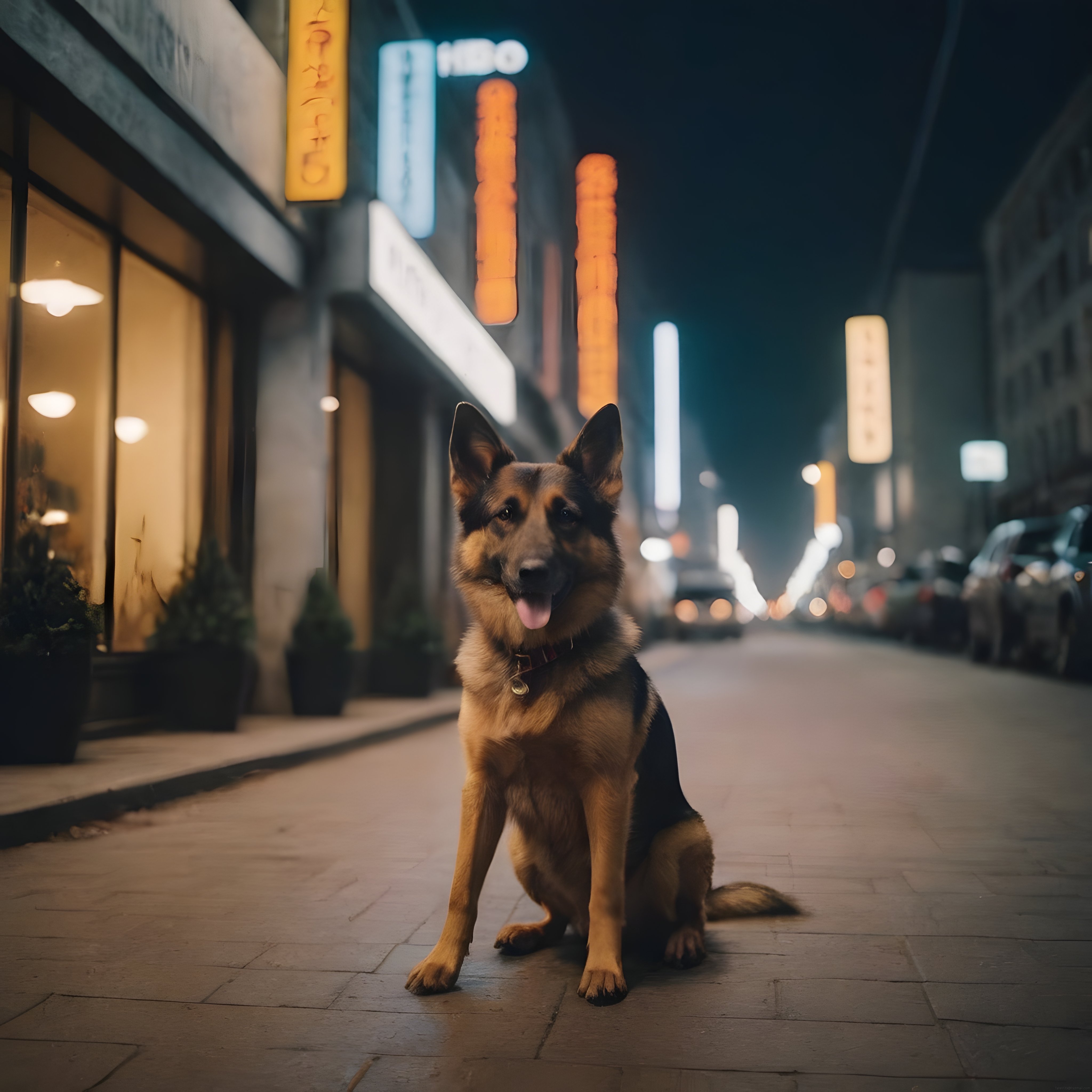 Gece Şehrinde Yalnız Duran Alman Kurdu Köpeği Sinematik Portre