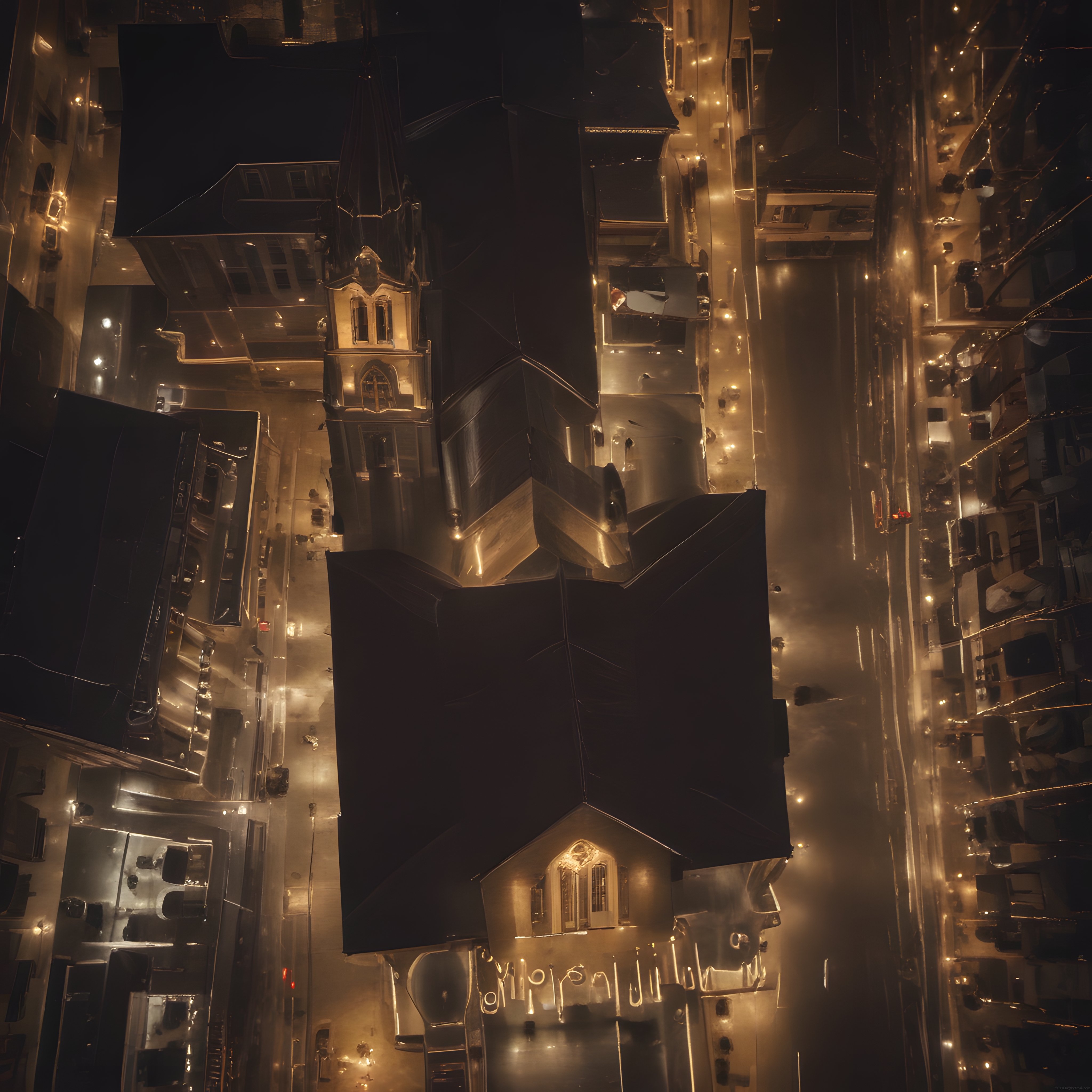 Gece Sisinde Havadan Çekilmiş Tarihi Avrupa Şehri ve Gotik Kilise Kulesi