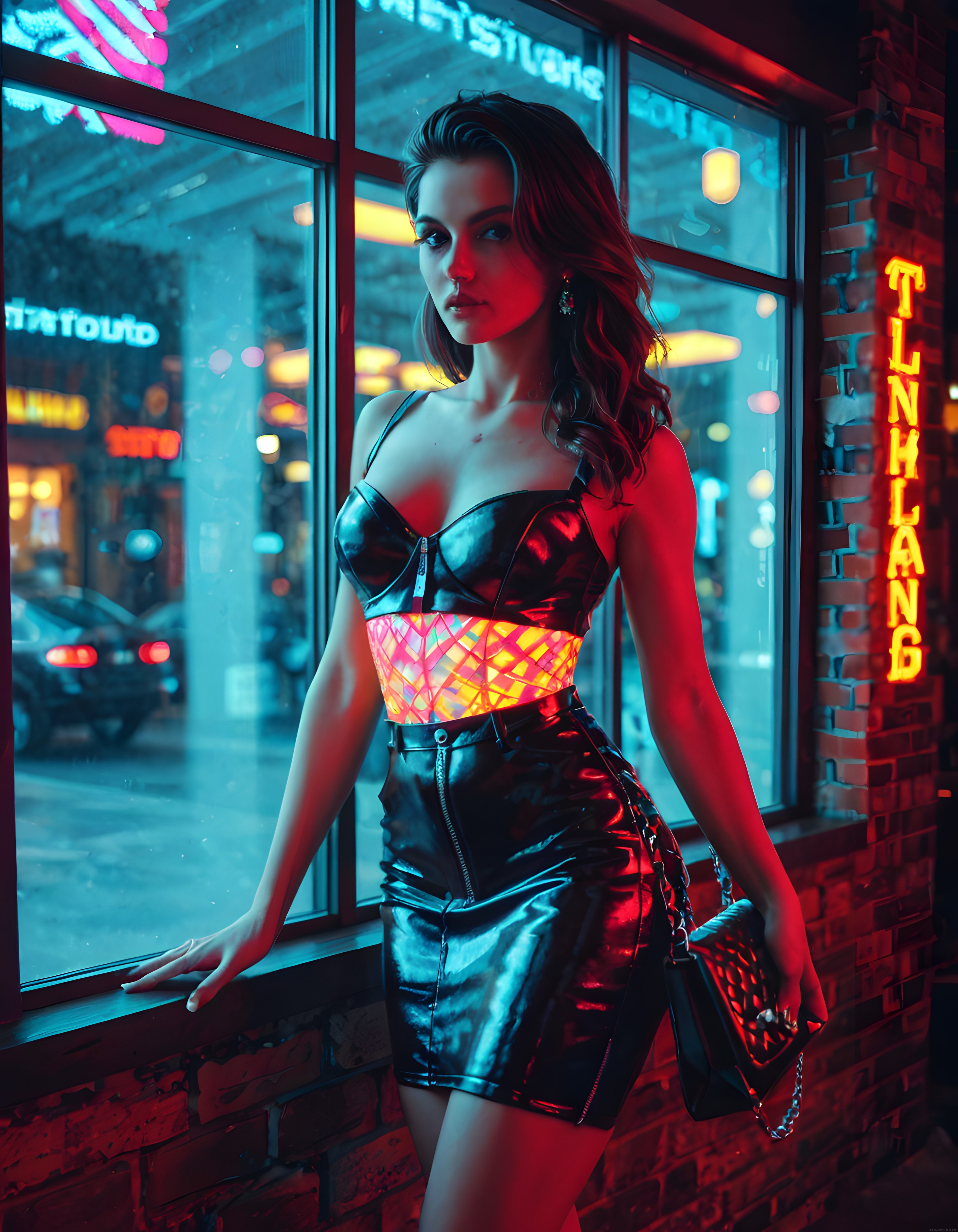 Gece sokaklarında neon ışıklar altında deri giyimli modern kadın stili