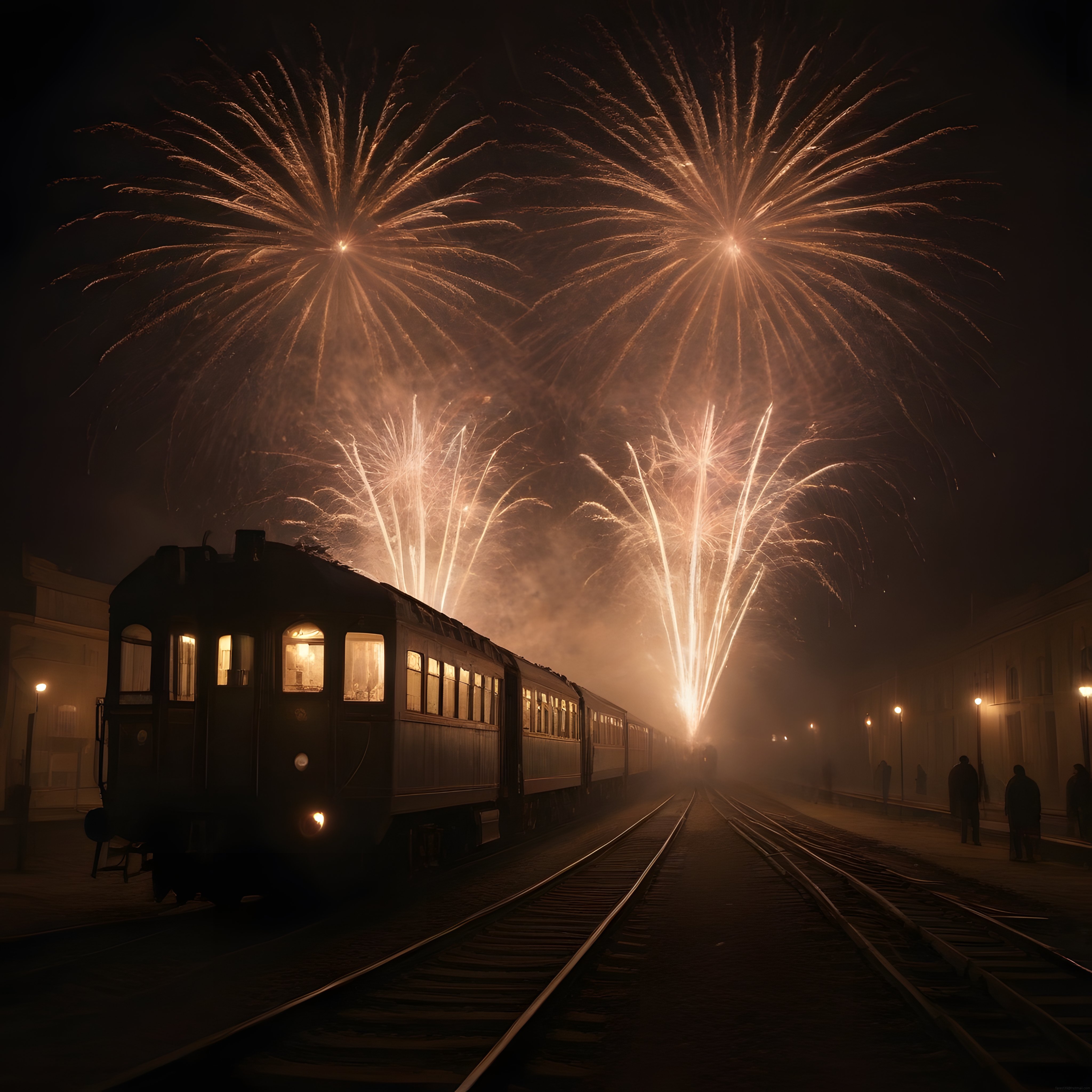 Gece Tren İstasyonunda Büyüleyici Havai Fişek Gösterisi ve Nostaljik Vagonlar