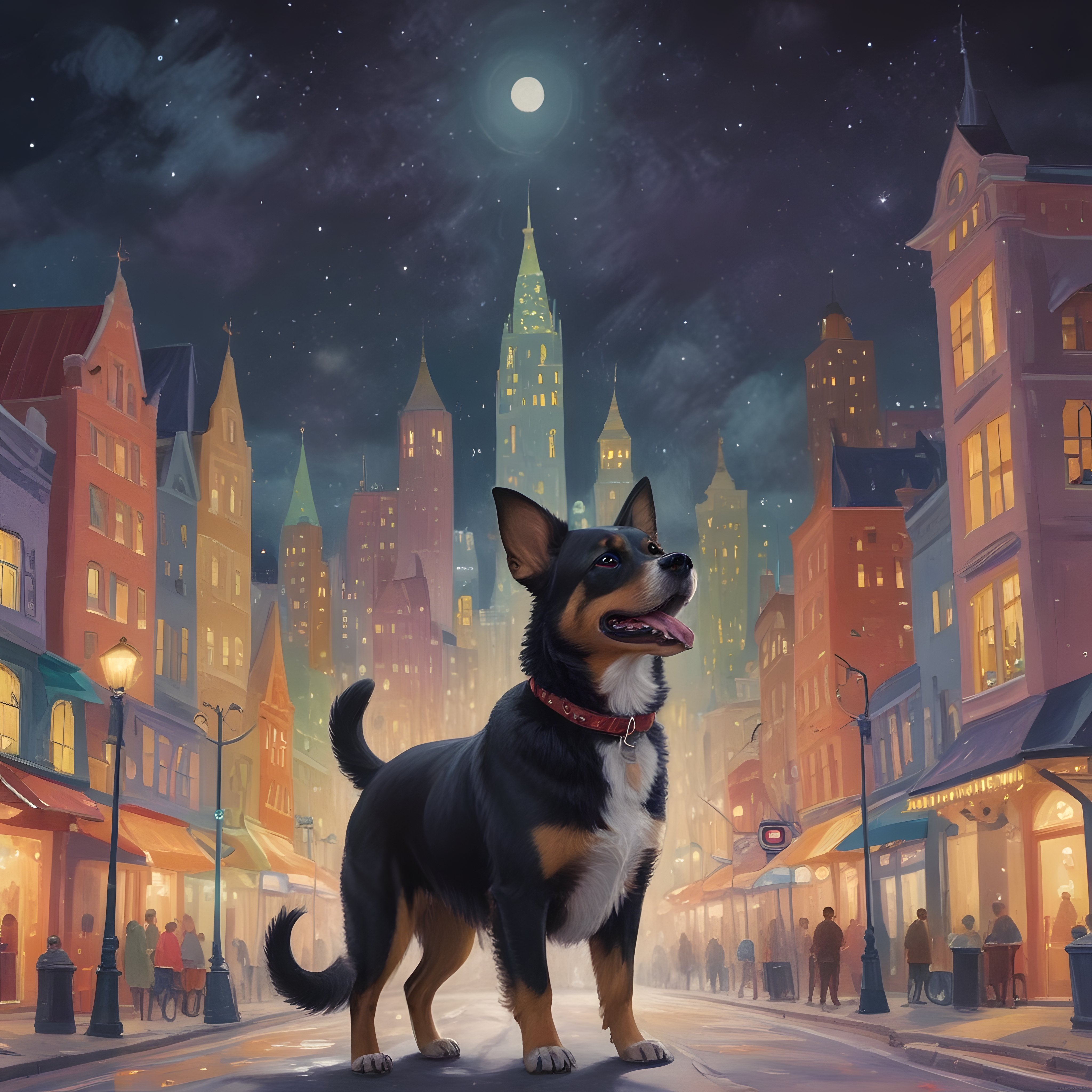 Gece vakti ayışığında şehir sokaklarında duran kırmızı tasmalı neşeli köpek