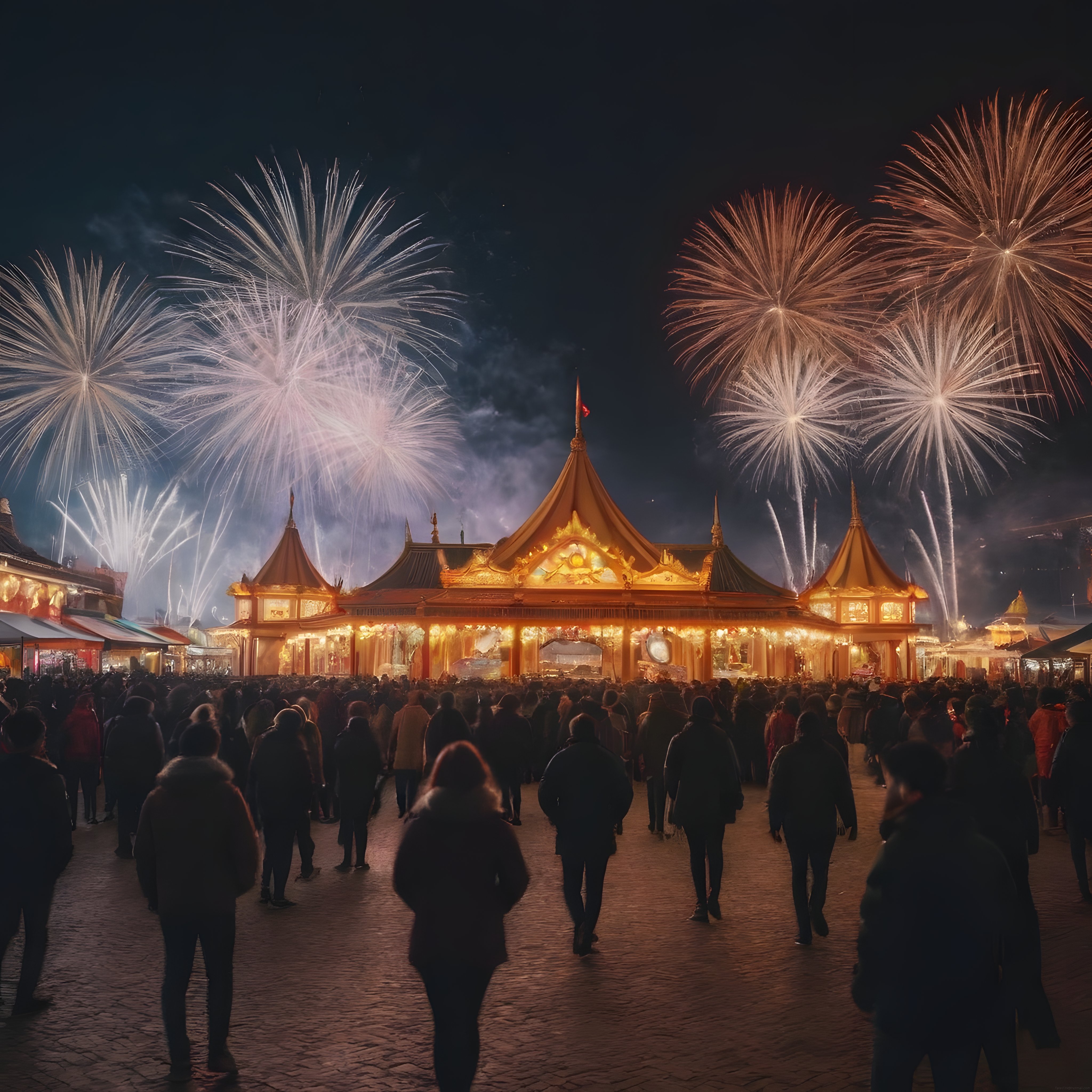 Gece Vakti Havai Fişeklerle Aydınlanan Eğlence Parkında Büyülü Festival Atmosferi