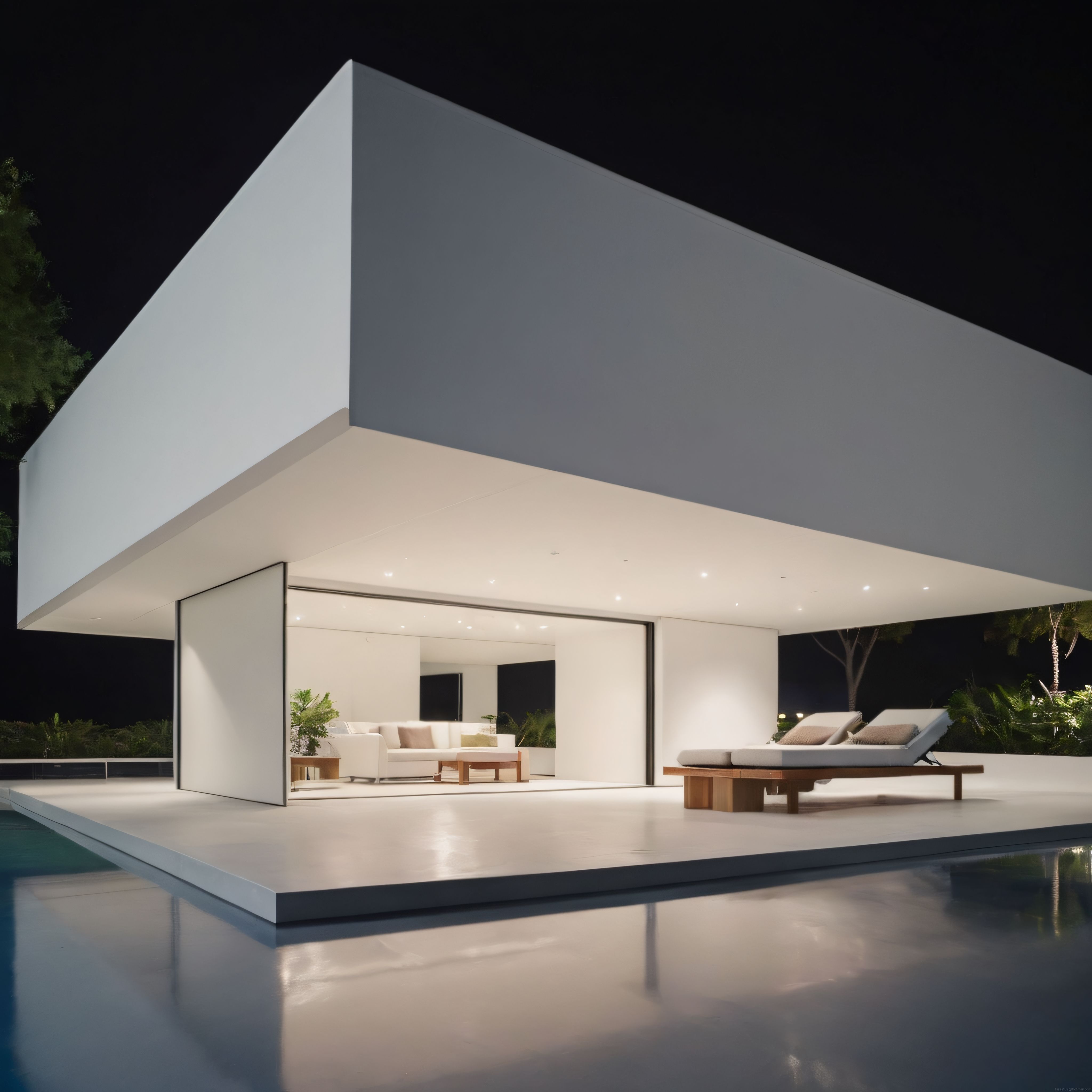 Gece Vakti Havuz Kenarında Parıldayan Minimalist ve Lüks Modern Villa Tasarımı