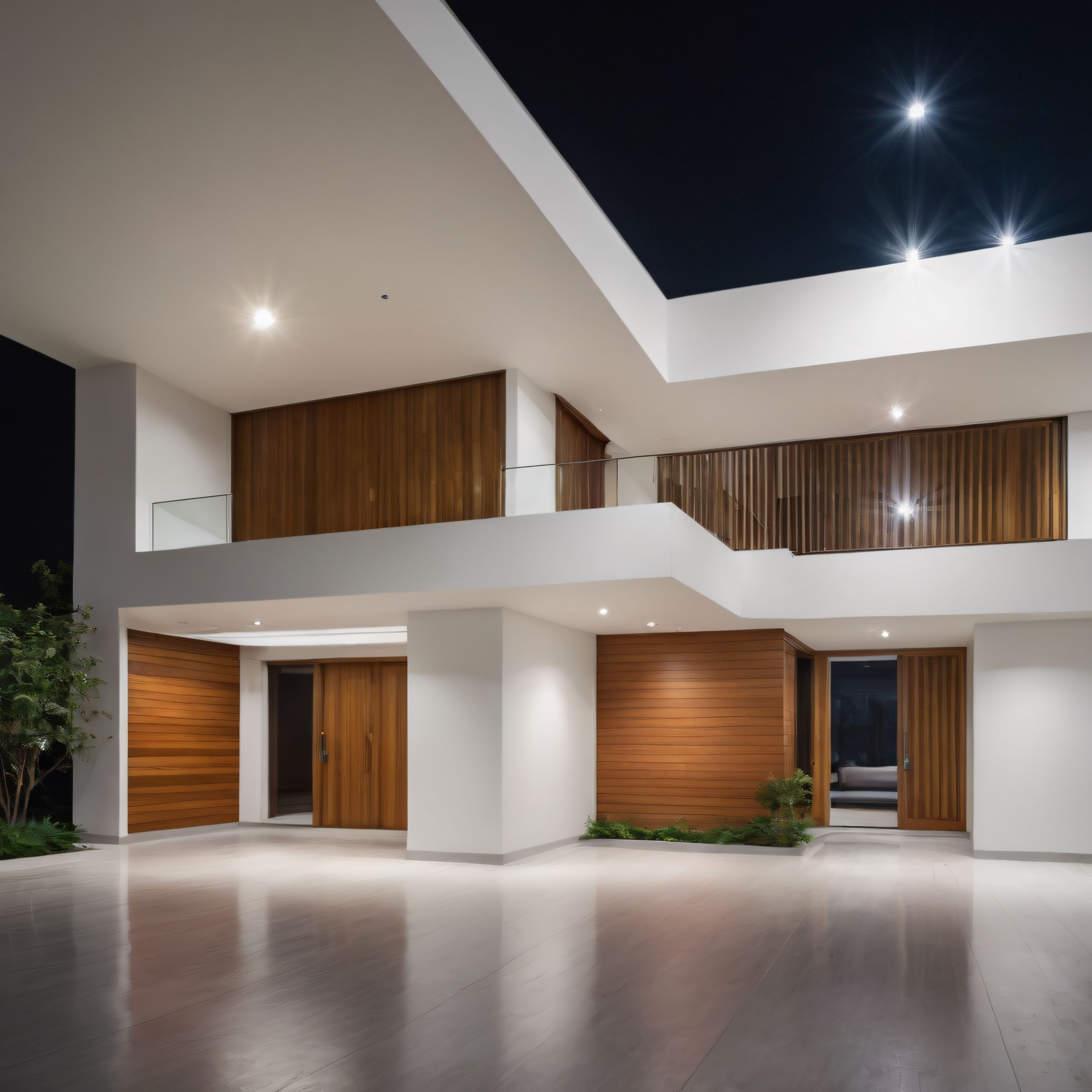 Gece vakti ışıklandırılmış çağdaş villa cephesi ve lüks konut mimarisi