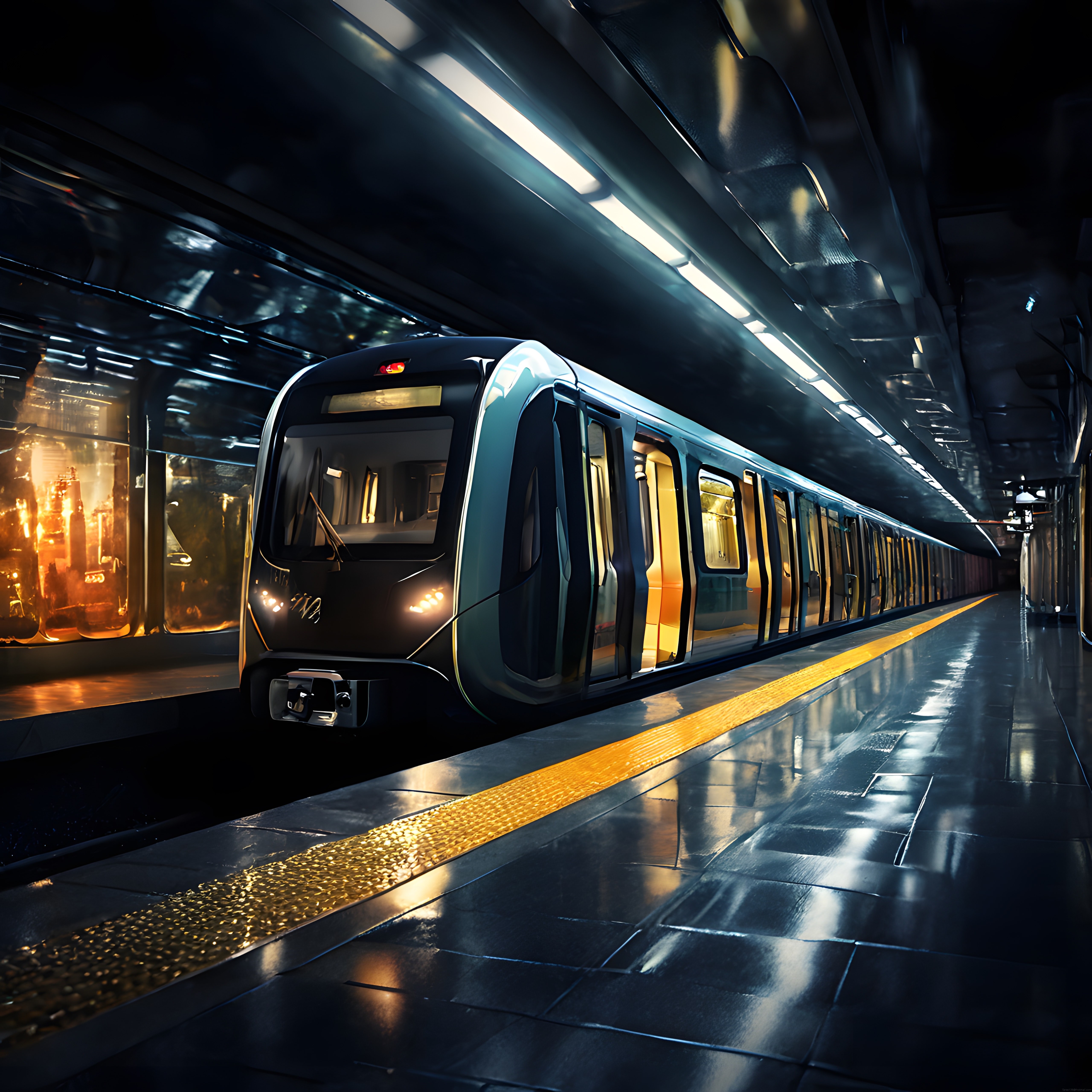 Gece Vakti Işıklandırılmış Metro İstasyonunda Yolcularını Bekleyen Modern Tren Gece Vakti Işıklandırılmış Metro İstasyonunda Yolcularını Bekleyen Modern Tren