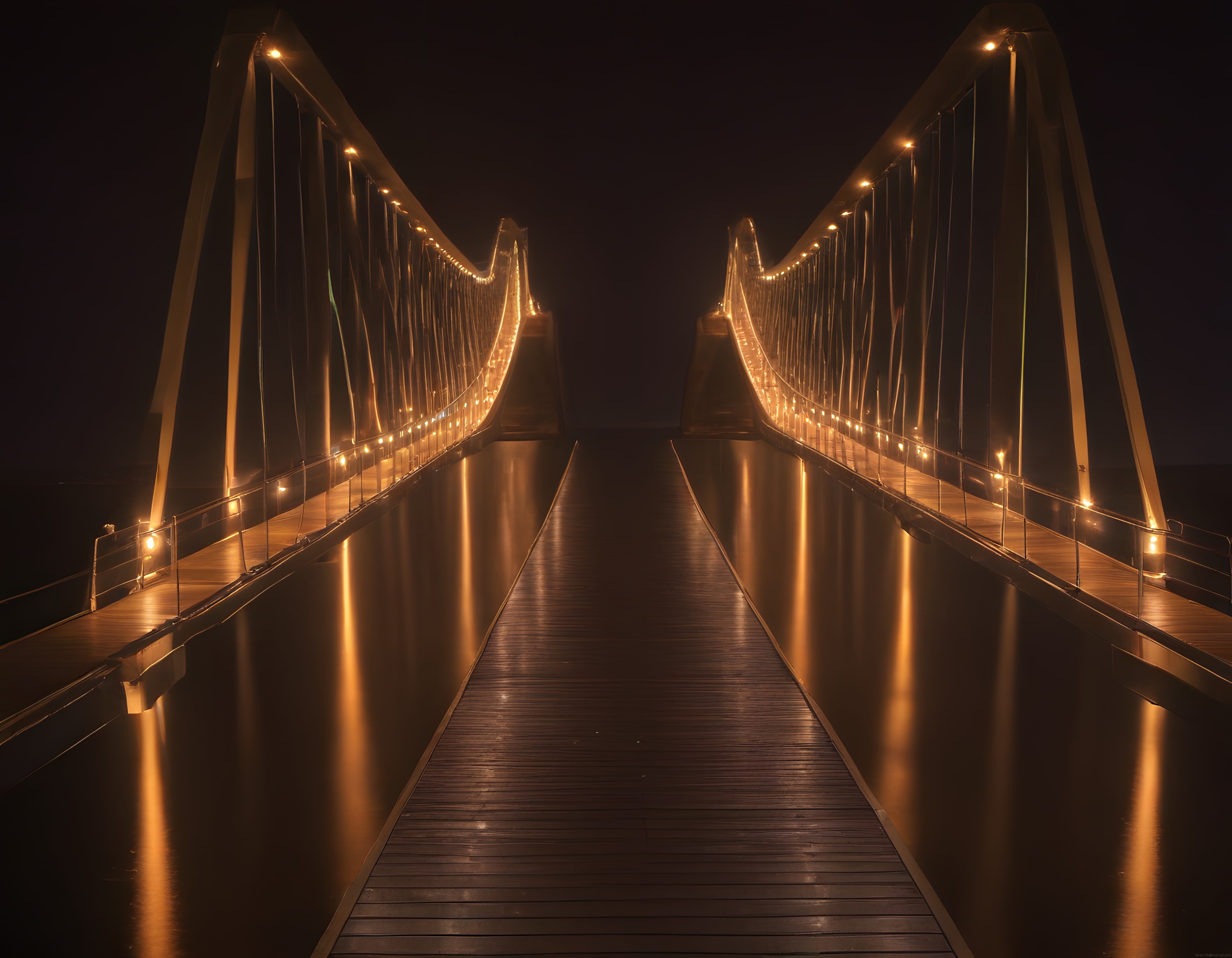 Gece Vakti Işıklandırılmış Modern Asma Köprü ve Suda Yansıyan Amber Işıklar