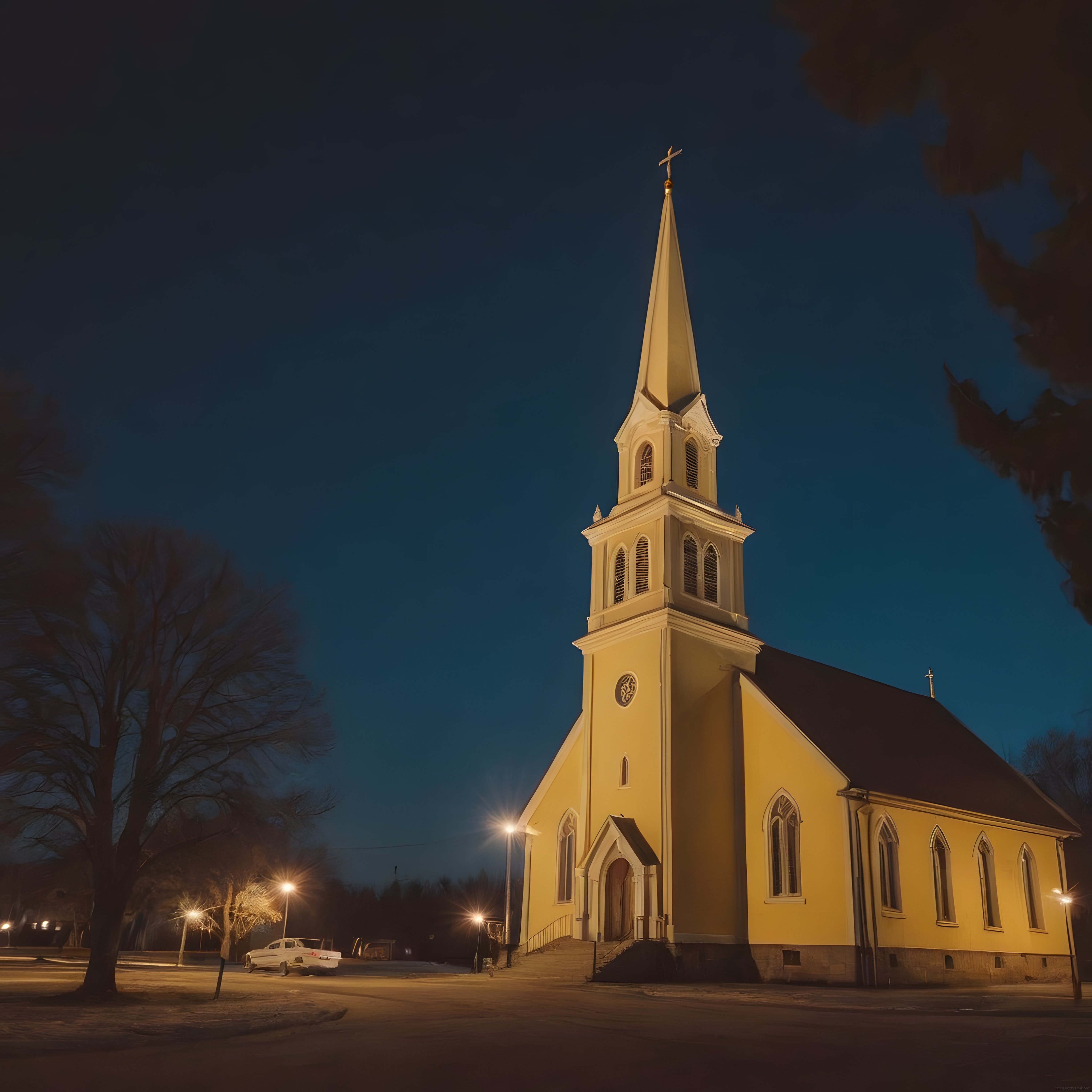 gece vakti ışıklandırılmış sarı kilise ve çan kulesinin büyüleyici atmosferi