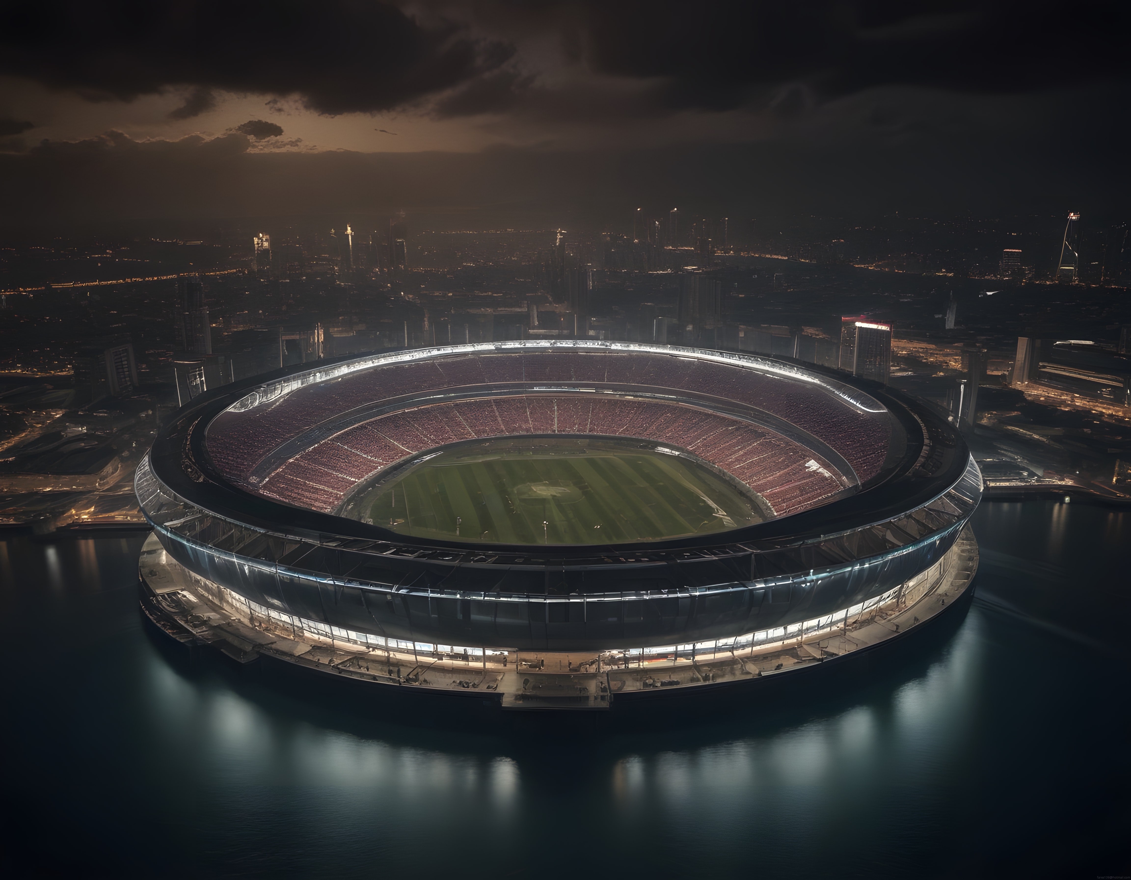 gece vakti ışıklarıyla parıldayan dev futbol stadyumu ve şehir manzarası