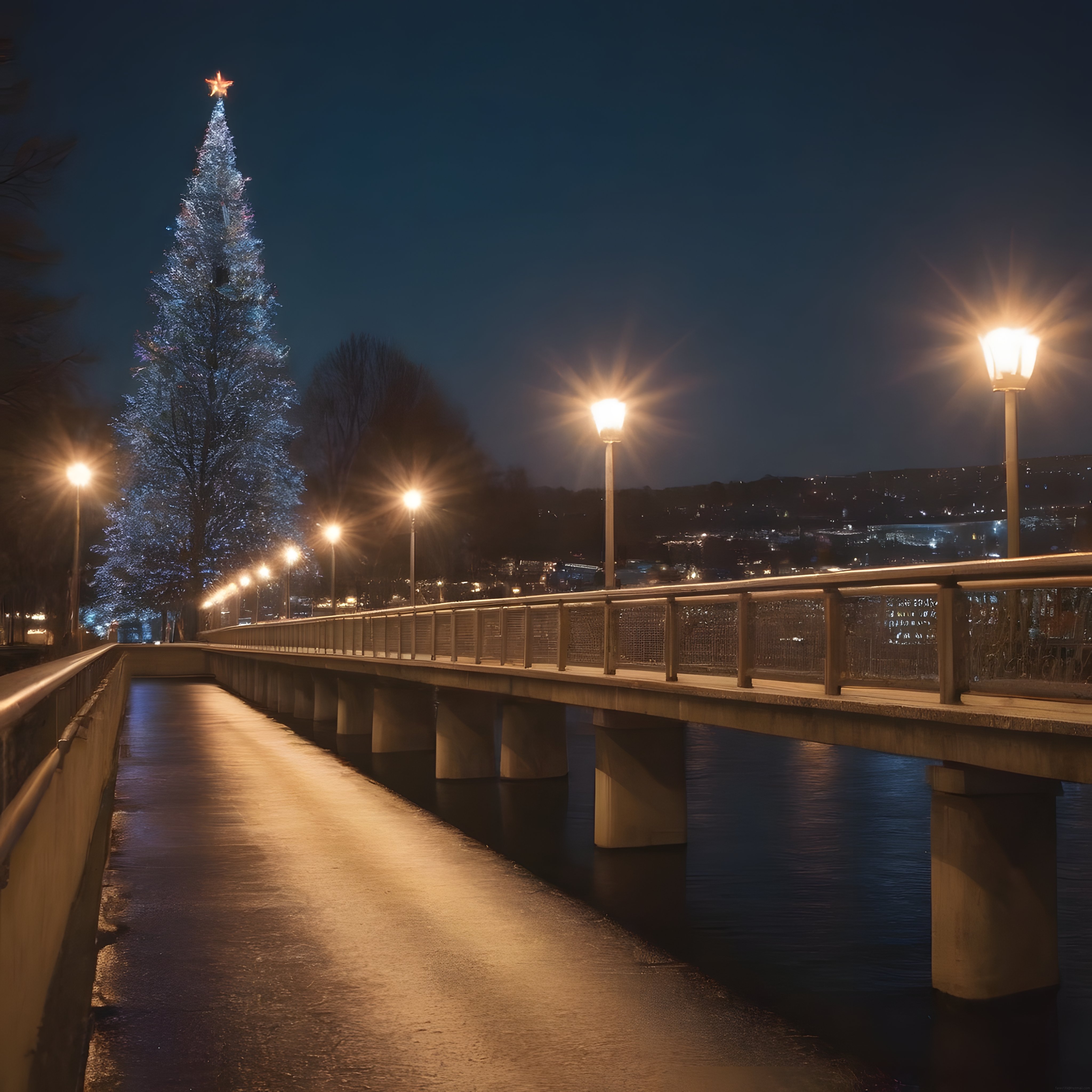 Gece Vakti Işıklı Köprü ve Dev Noel Ağacıyla Büyüleyici Kış Manzarası