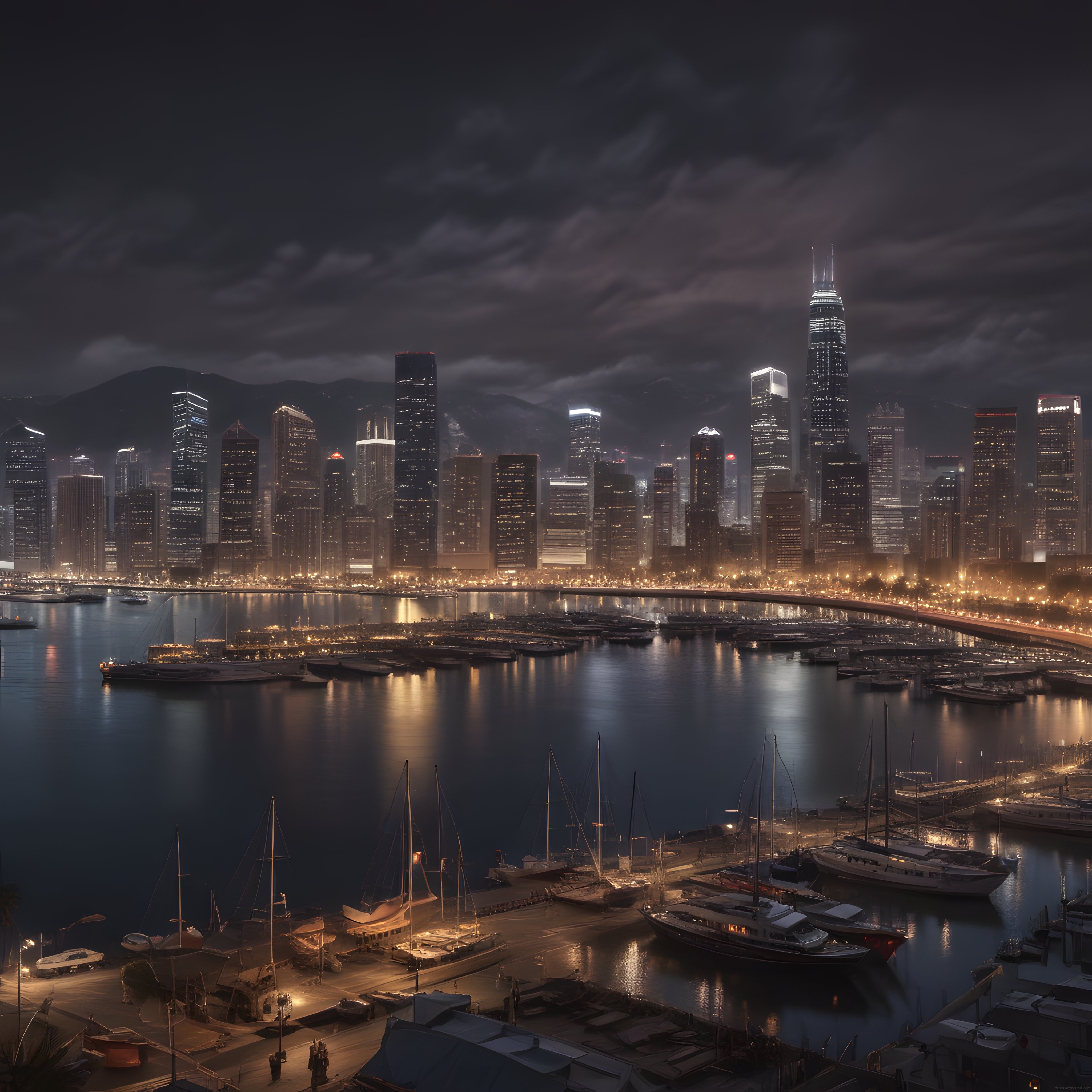 Gece vakti ışıl ışıl gökdelenleriyle modern liman kentinin kusursuz panoramik manzarası