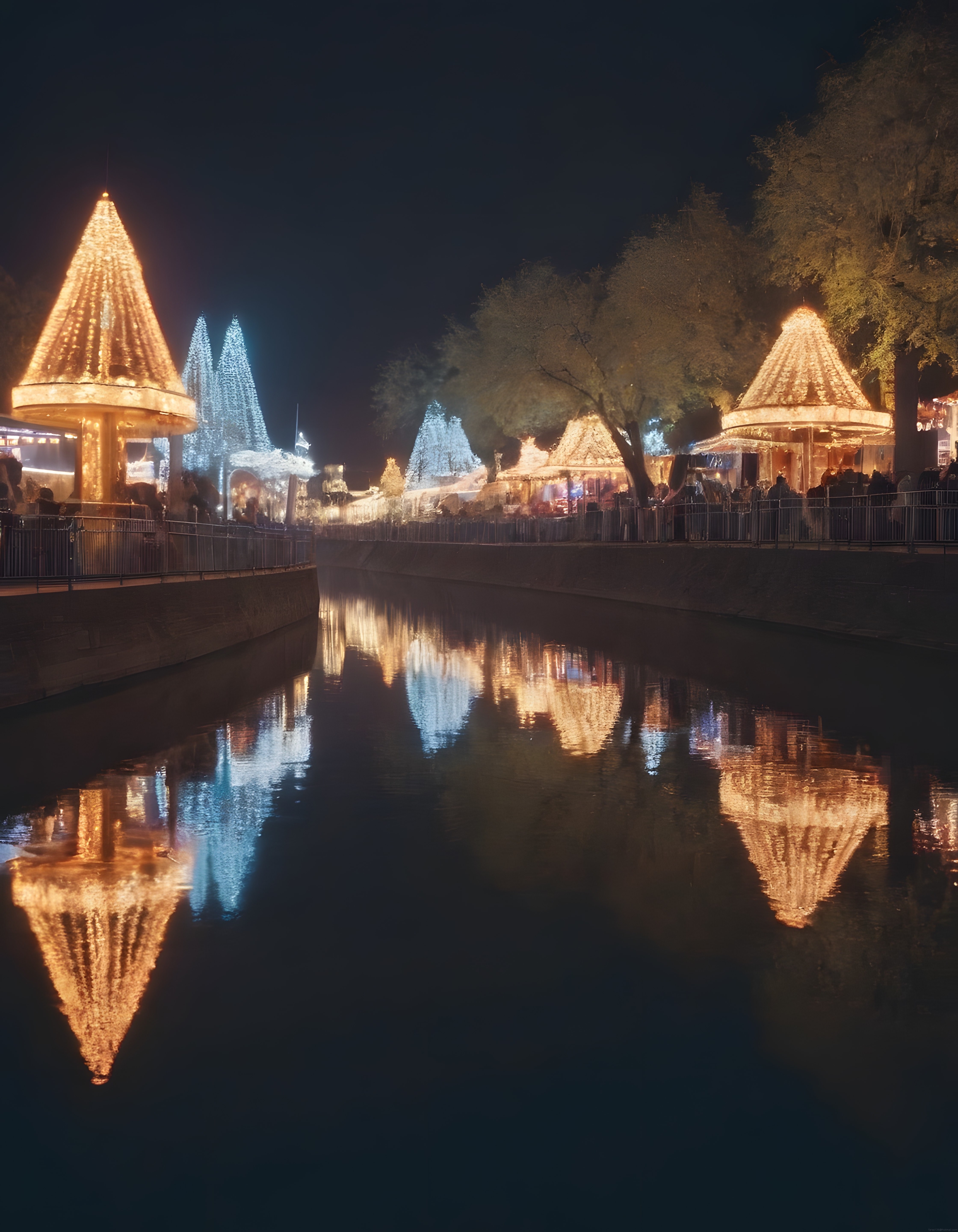 Gece vakti ışıl ışıl lunaparkta dönme dolapların suya yansıyan büyüsü
