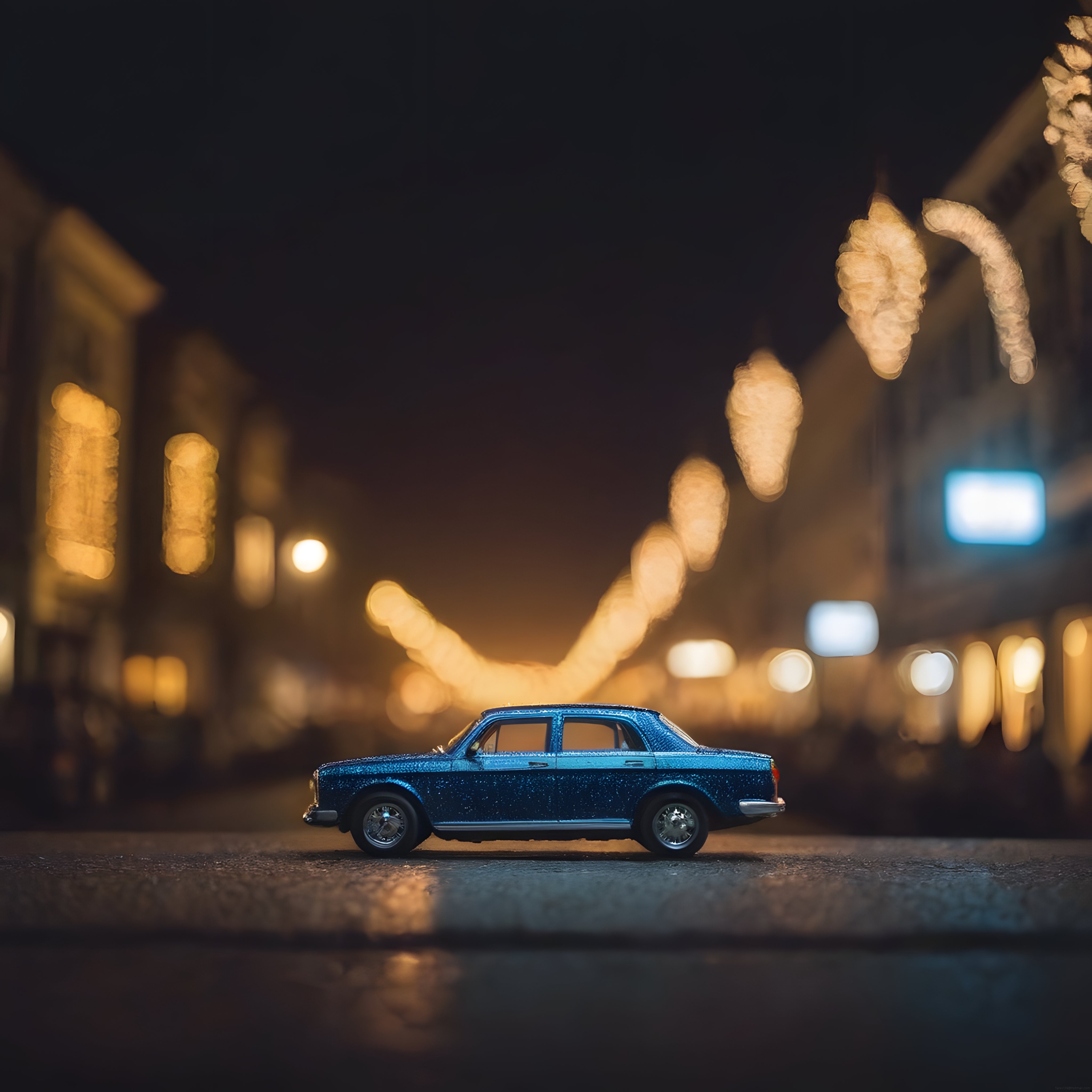 Gece Vakti Islak Asfaltta Parlayan Mavi Klasik Araba ve Işıkları