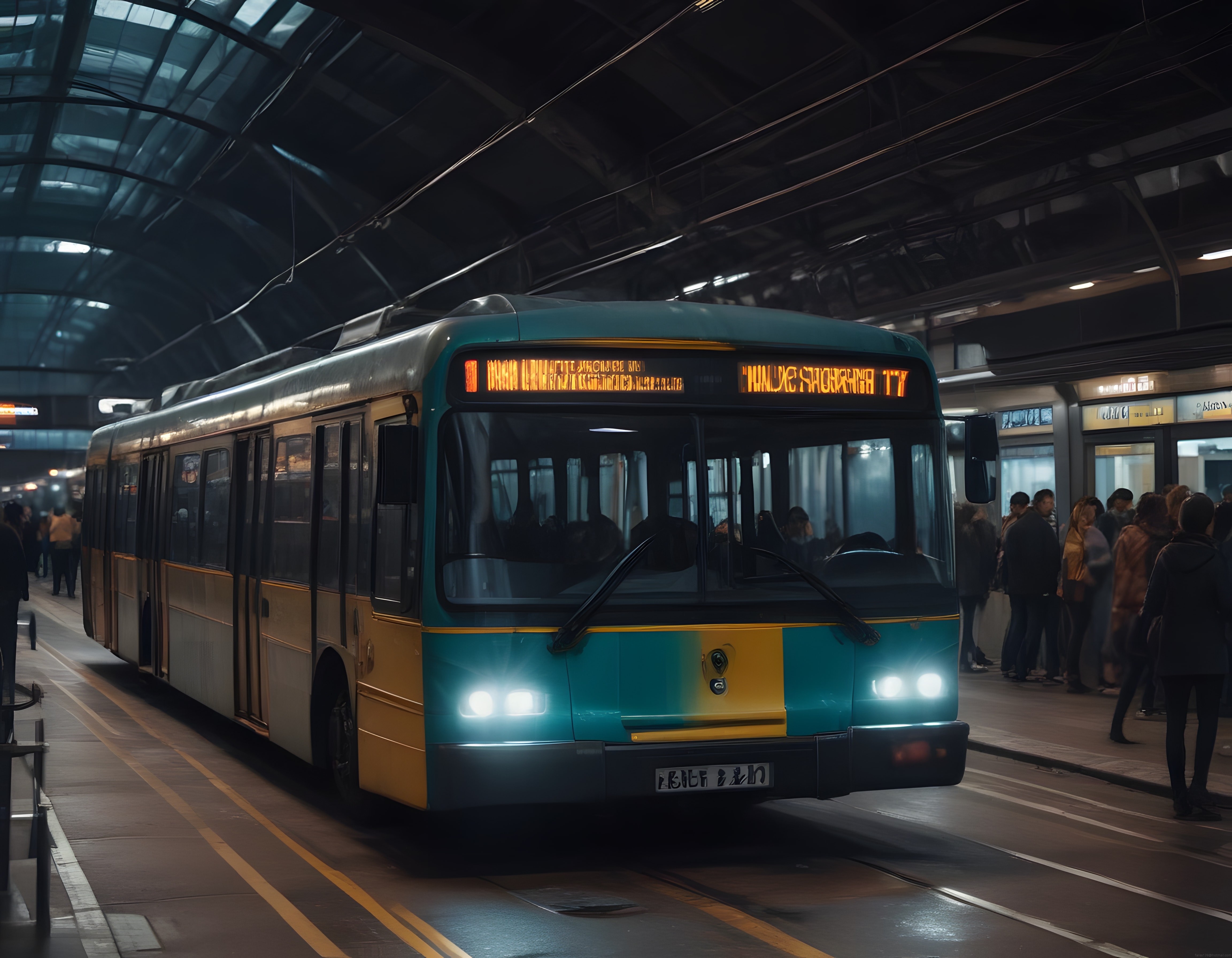 Gece Vakti Kapalı Tramvay İstasyonunda Bekleyen Yolcular ve Turkuaz Vagon