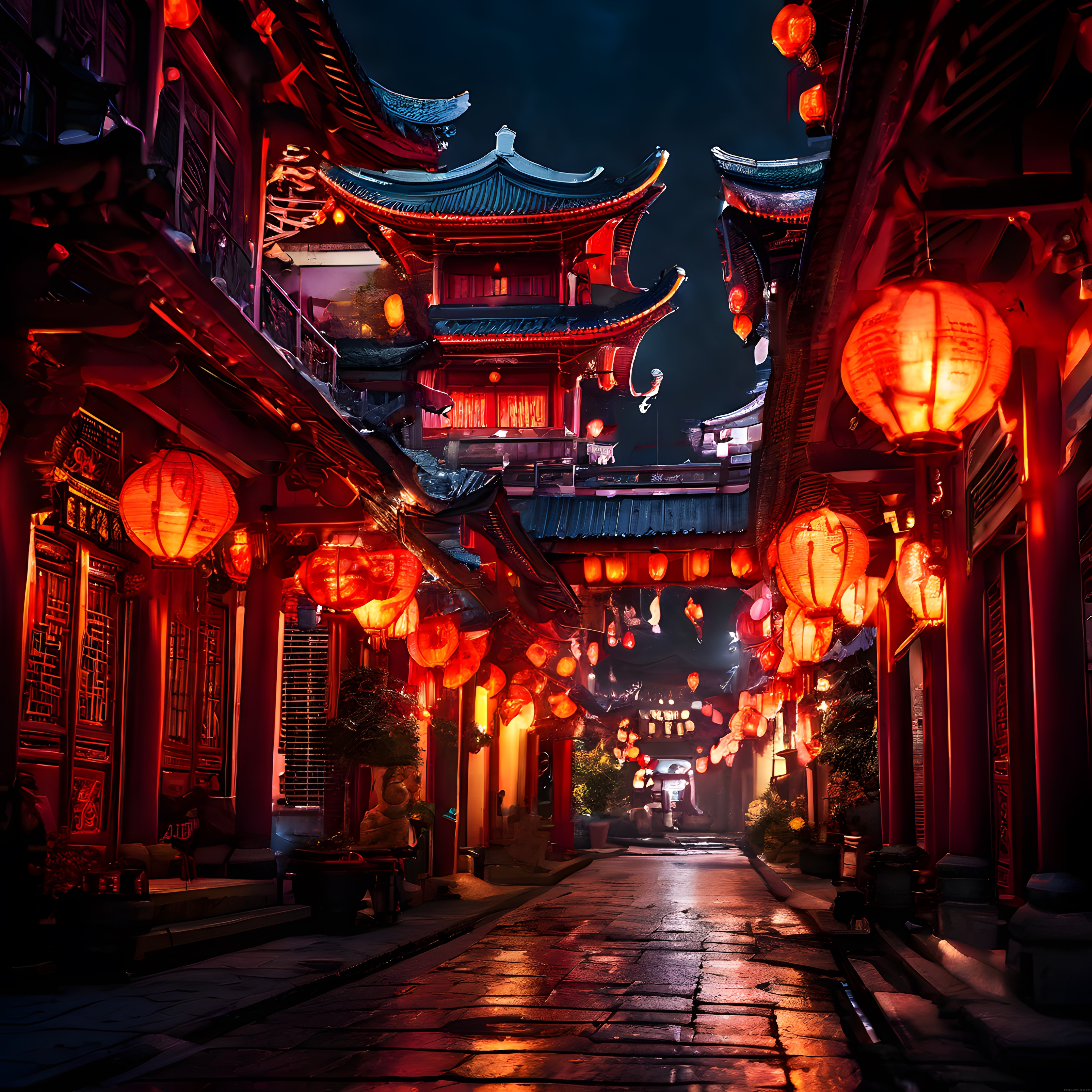 Gece Vakti Kırmızı Fenerlerle Süslenmiş Geleneksel Çin Sokağı ve Pagoda