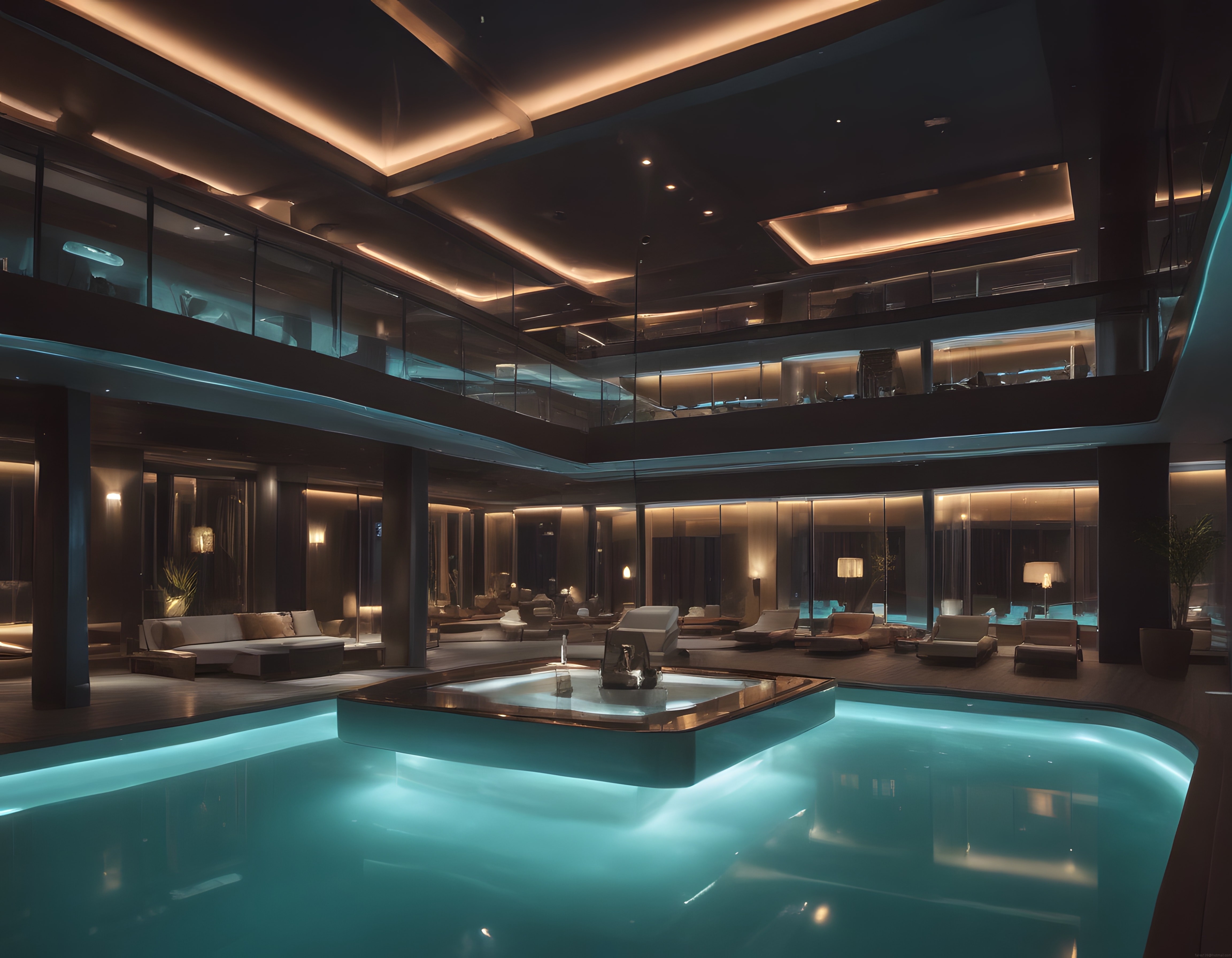 Gece Vakti Lüks Otel Spa ve Havuz Alanı: Modern Mimari ve Gizemli Işıklandırma