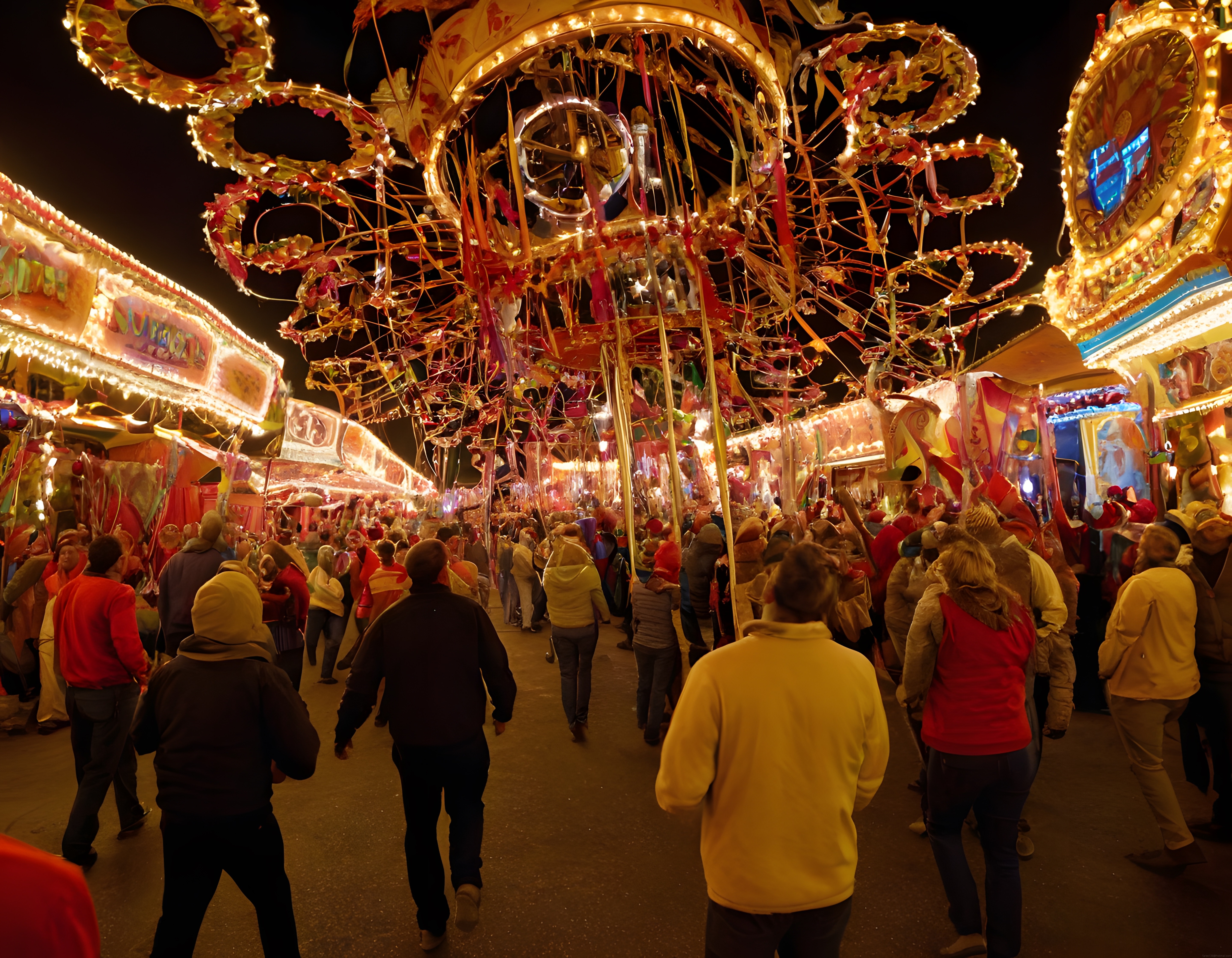 Gece Vakti Lunaparkta Işıldayan Dönme Dolap ve Coşkulu Kalabalık