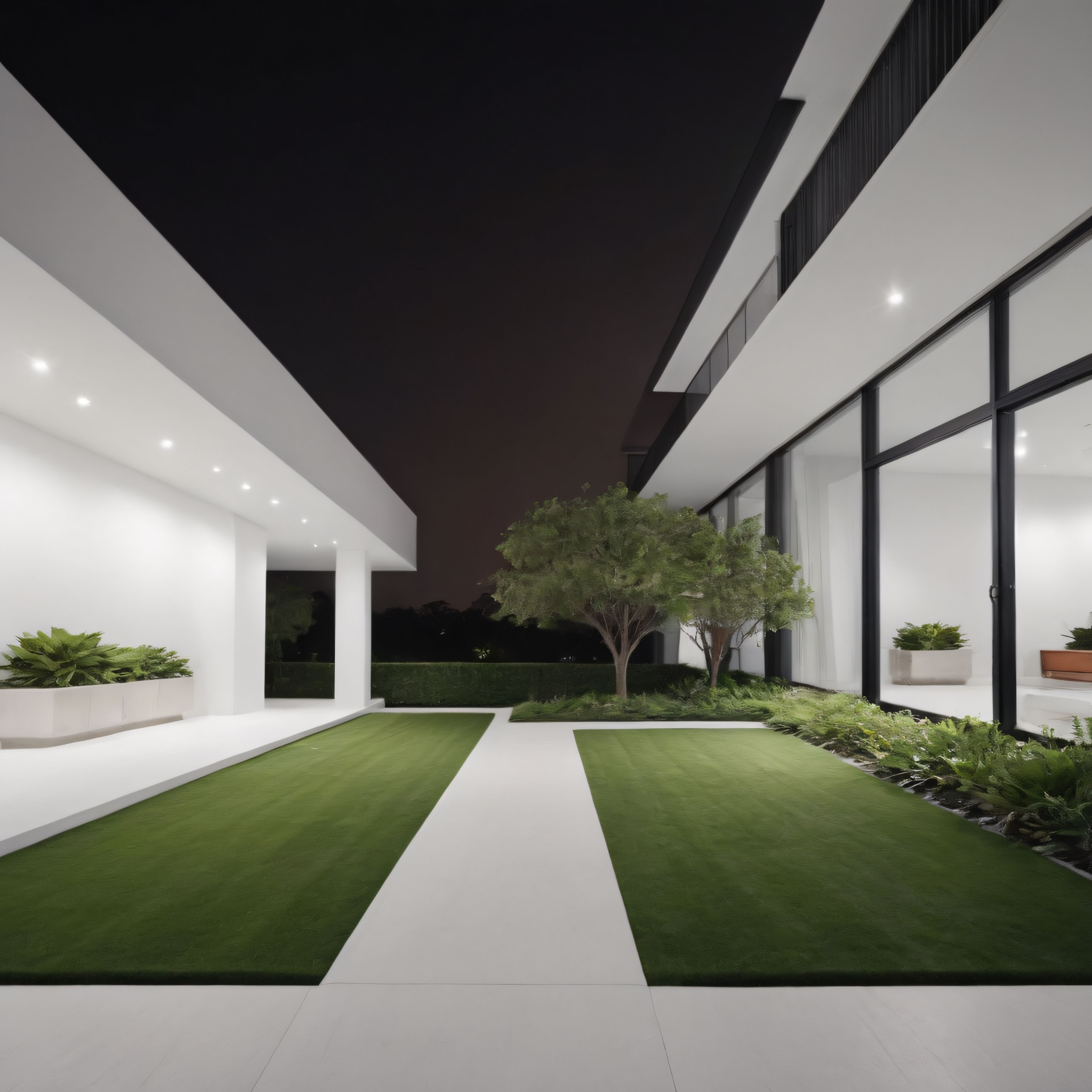 Gece Vakti Minimalist Modern Villa Avlusu ve Işıklandırılmış Peyzaj Tasarımı