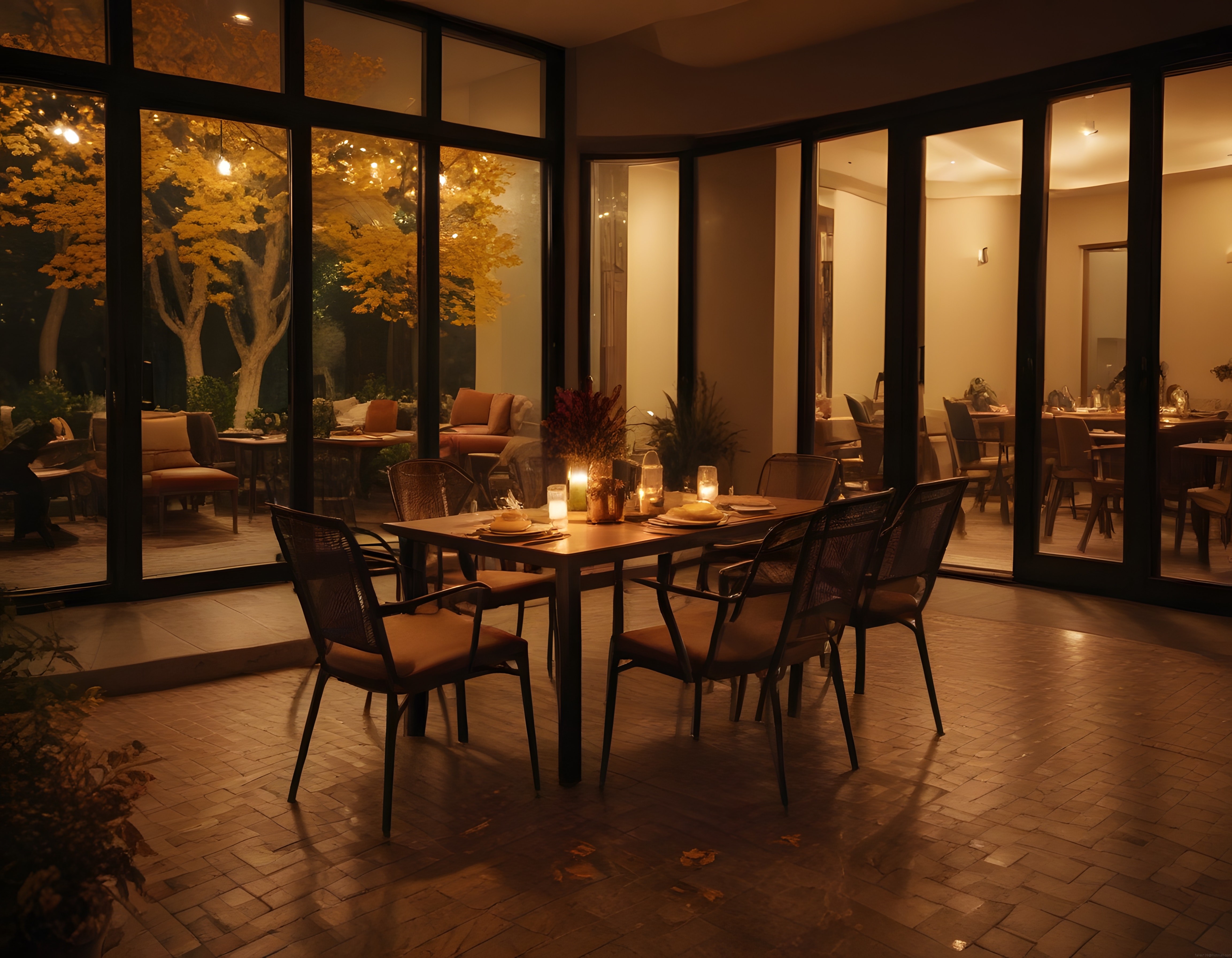Gece Vakti Mum Işığında Hazırlanmış Şık Restoran Masası ve Sonbahar Havası